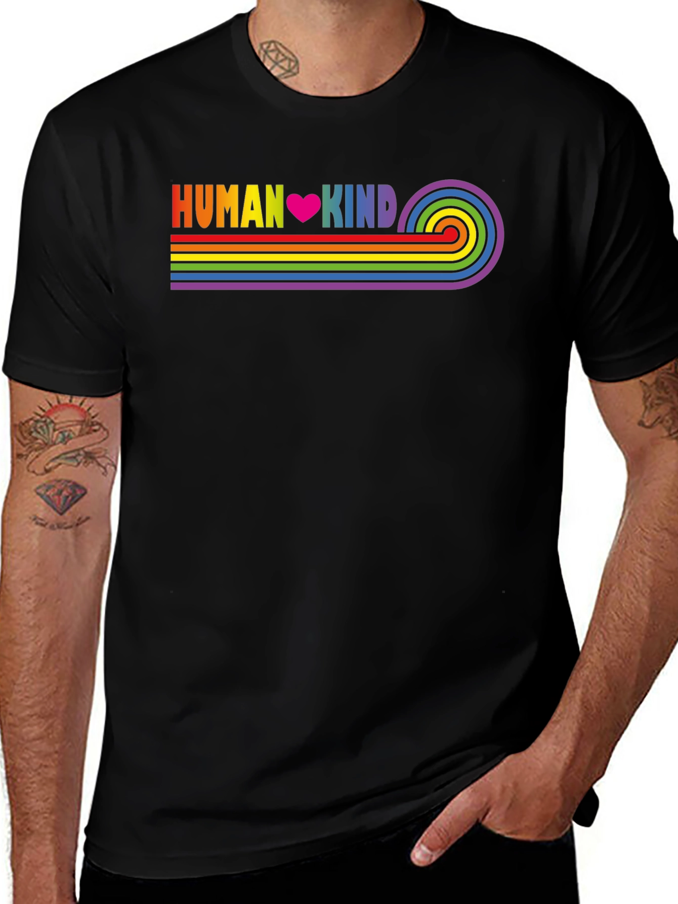 Variant 5 of Human Kind Rainbow Stripe Tee - Black Casual T-Shirt