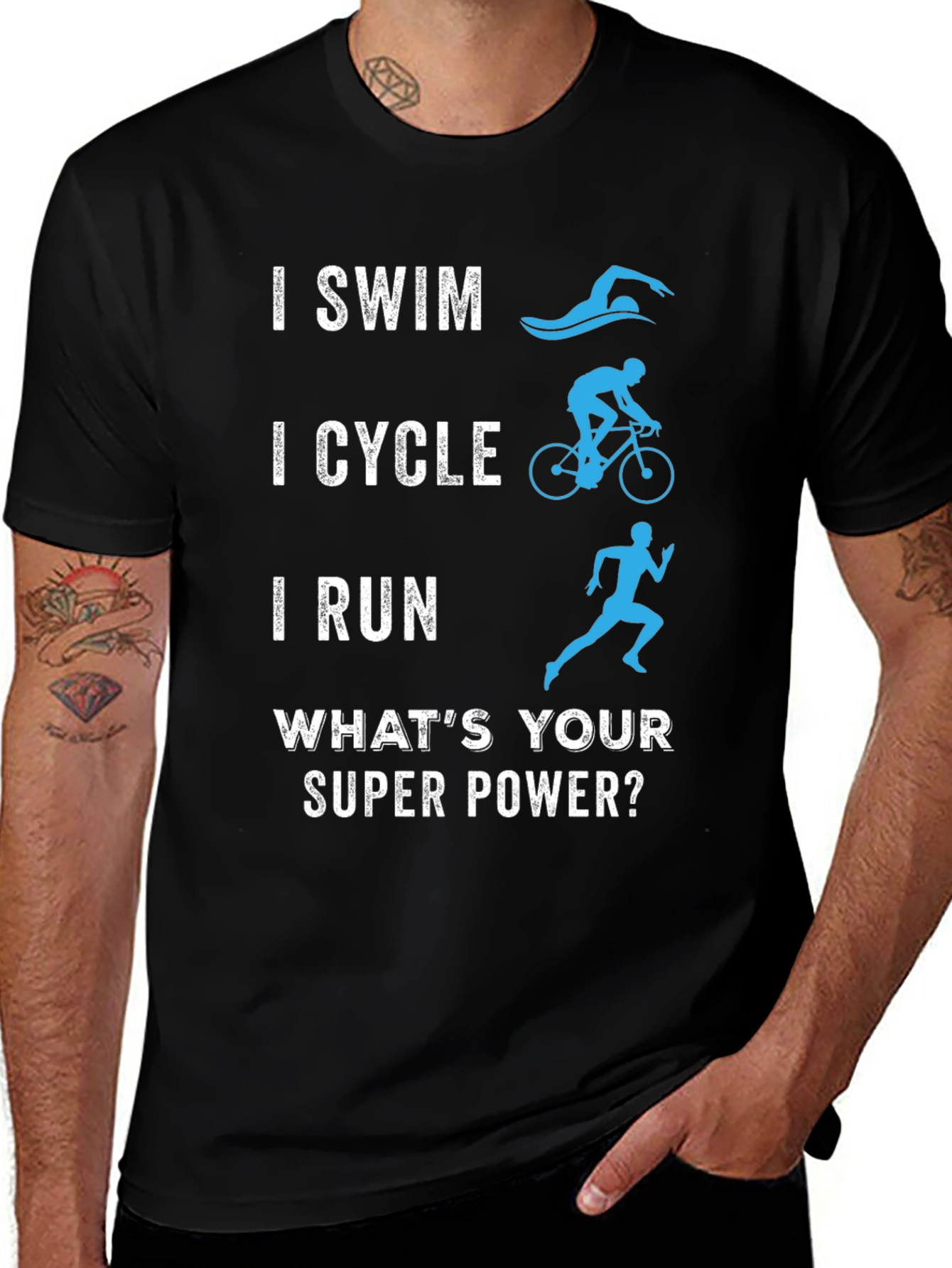 Variant 22 of I Swim, I Cycle, I Run T-Shirt Triathlon Super Power