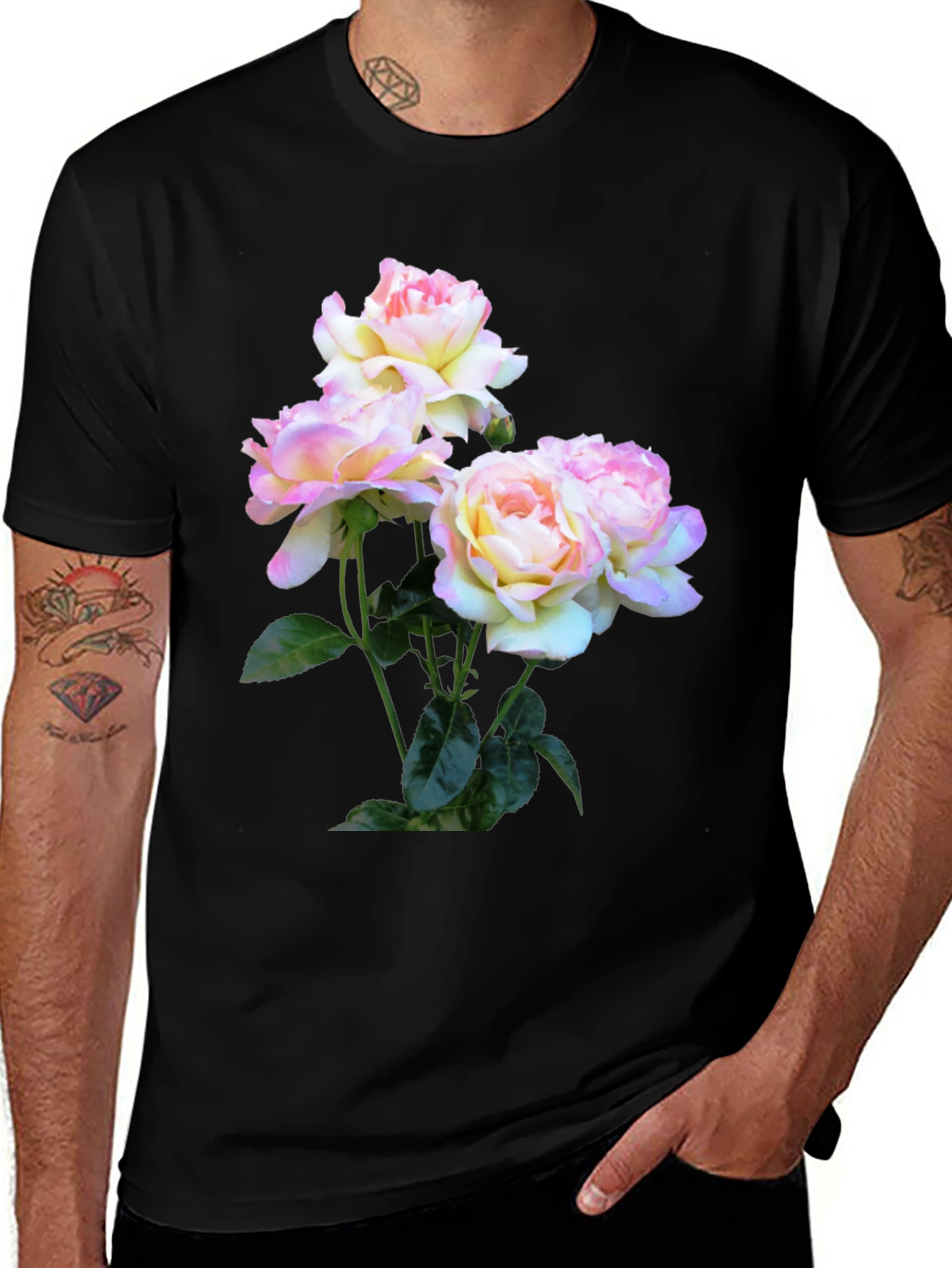 Variant 14 of Floral Print Black T-Shirt - Elegant Rose Design