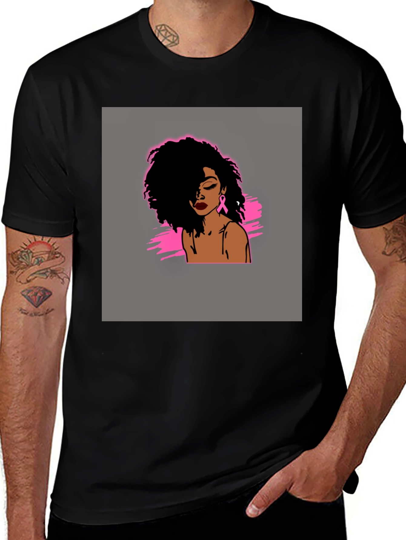Variant 3 of Black T-Shirt with Woman Breast Cancer Awareness Design