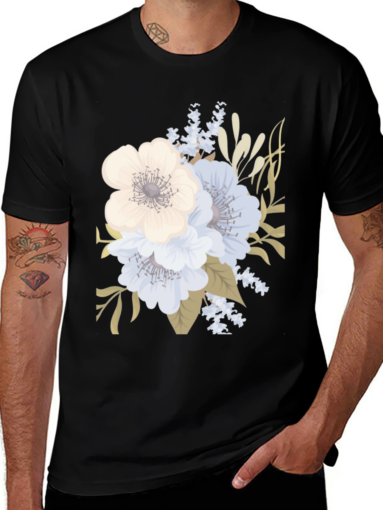 Variant 30 of Floral Print Black T-Shirt for Men