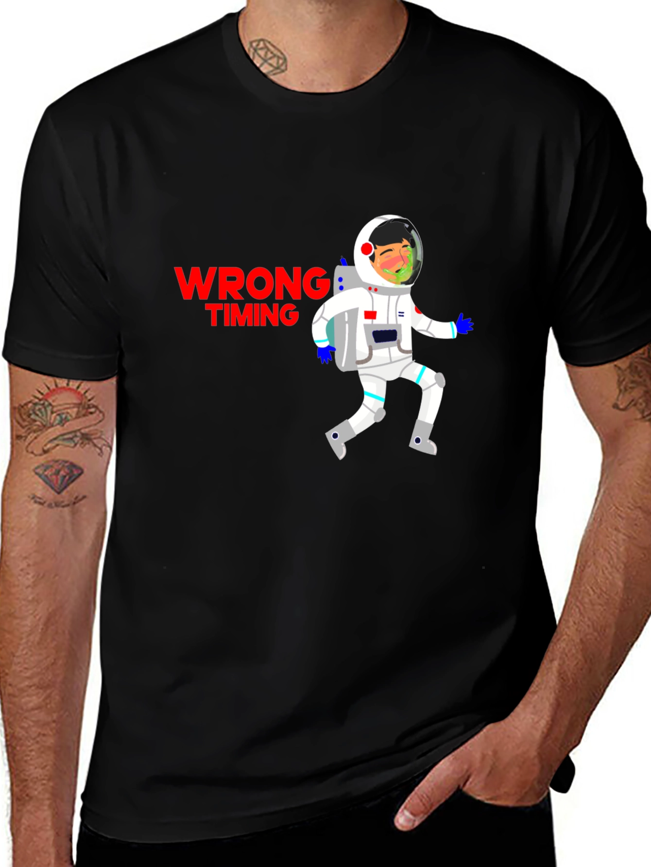 Variant 13 of Astronaut Graphic Black T-Shirt - Wrong Timing Novelty Tee