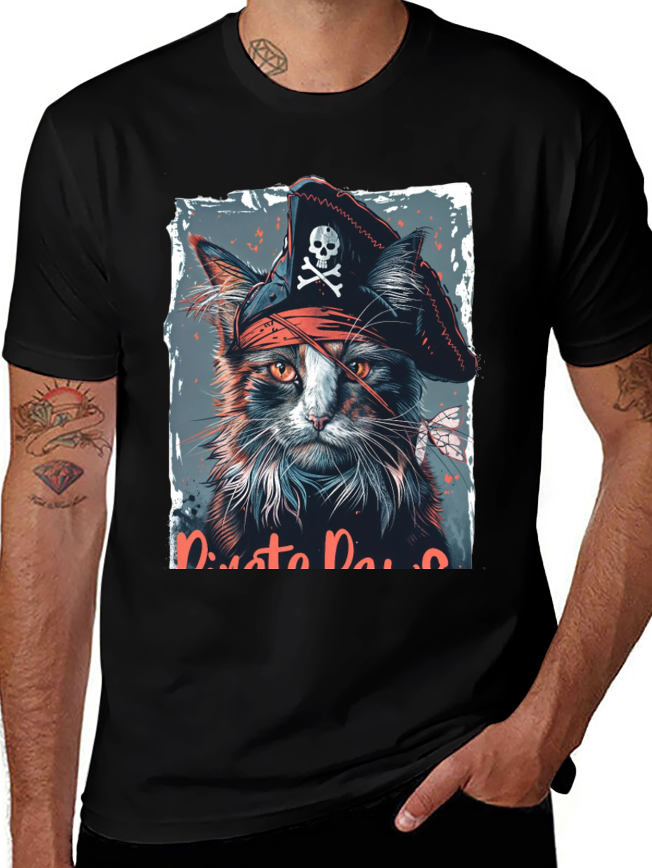 Black Pirate Cat Graphic T-Shirt - Black main image