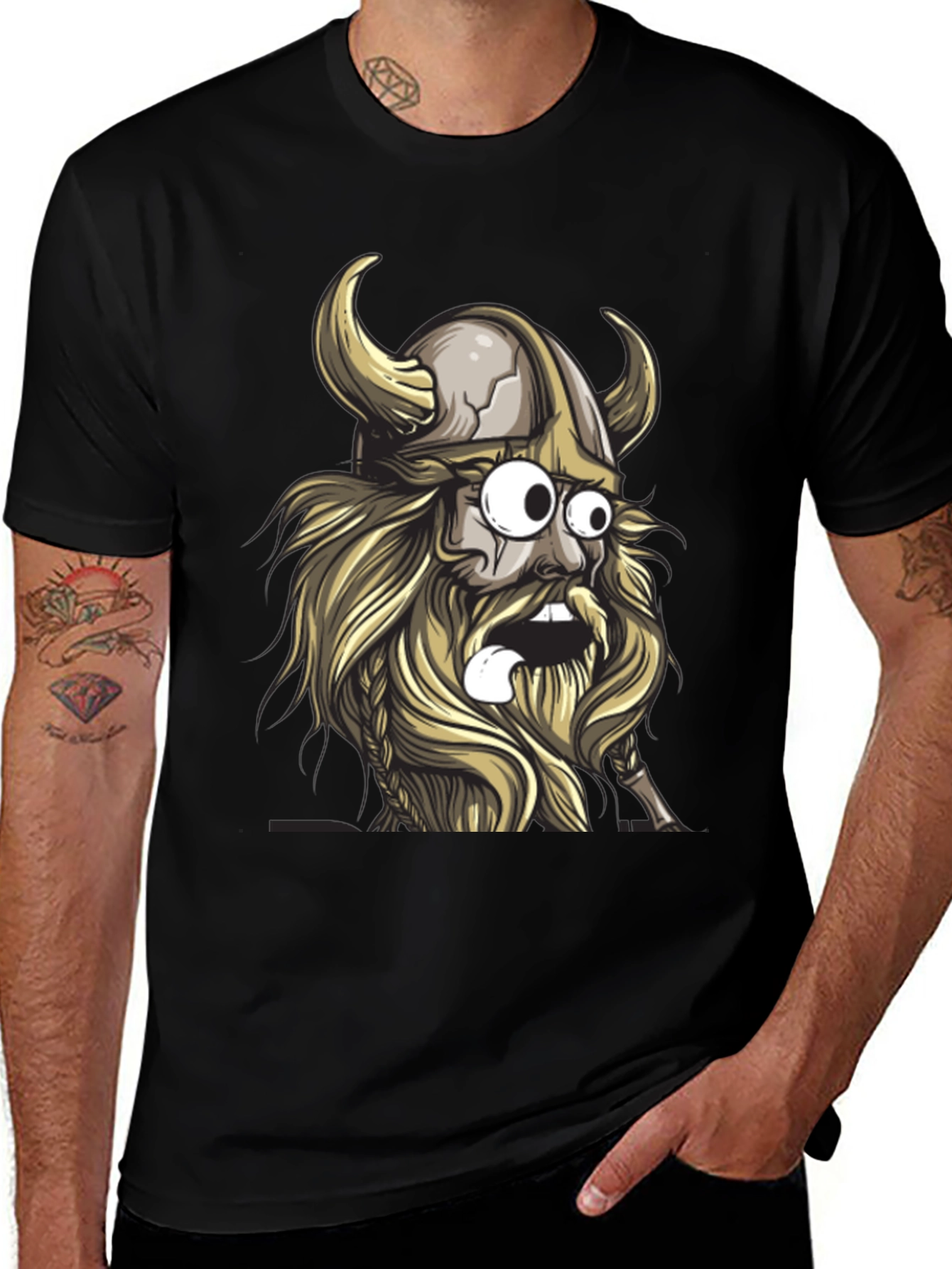 Variant 16 of Cartoon Viking Graphic Tee - Black Cotton