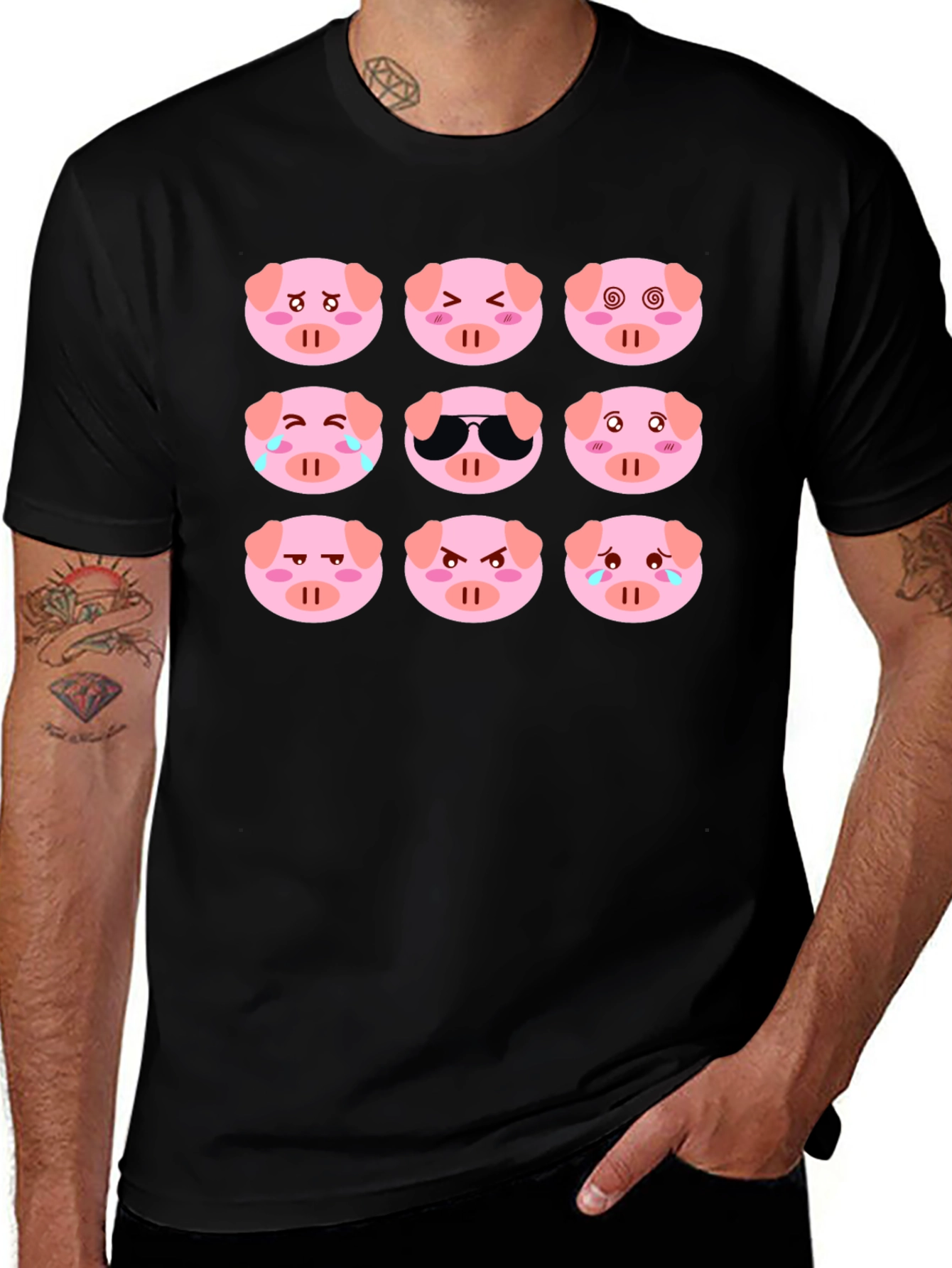 Variant 27 of Emoji Pig T-Shirt - Black Cotton Crew Neck