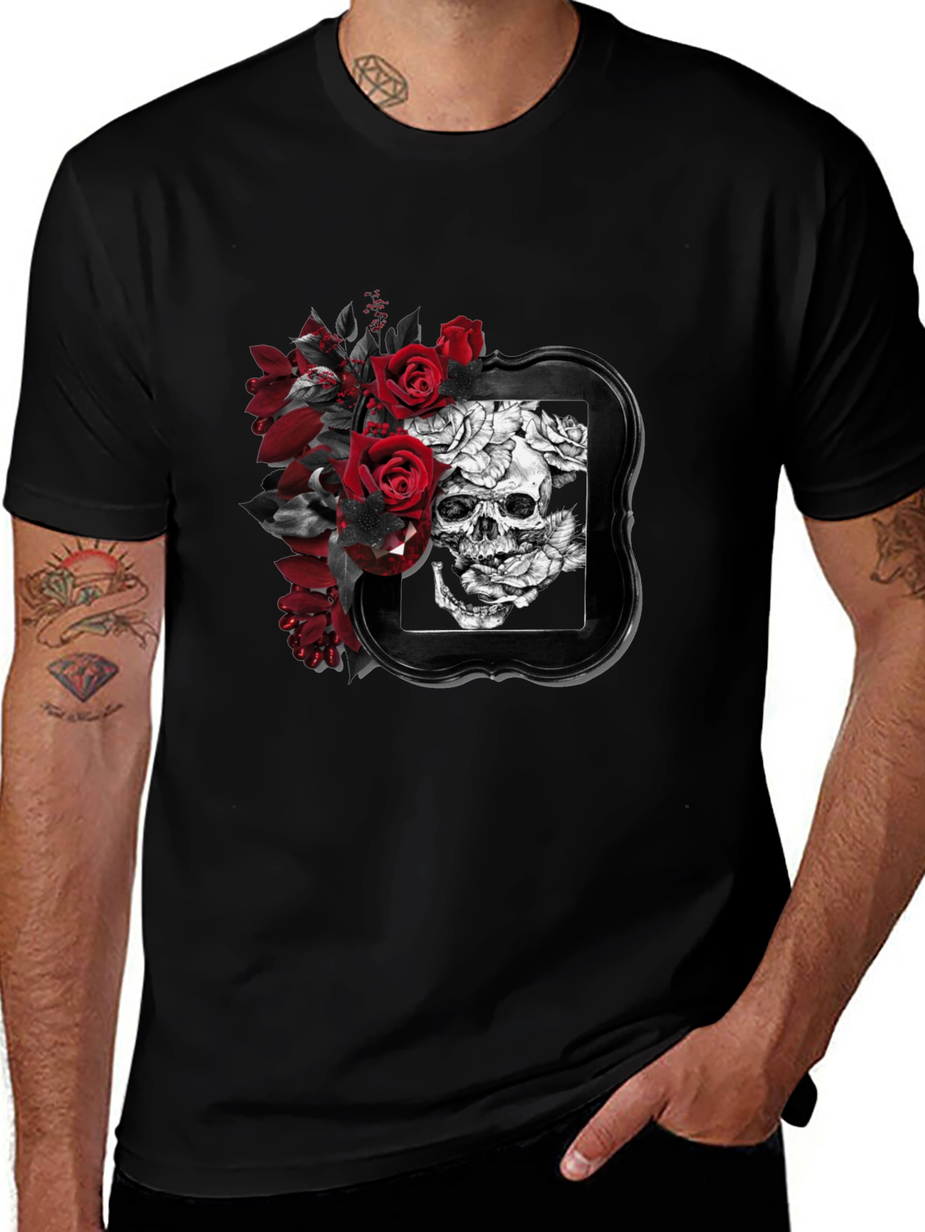 Variant 11 of Skull & Roses Graphic T-Shirt - Gothic Style