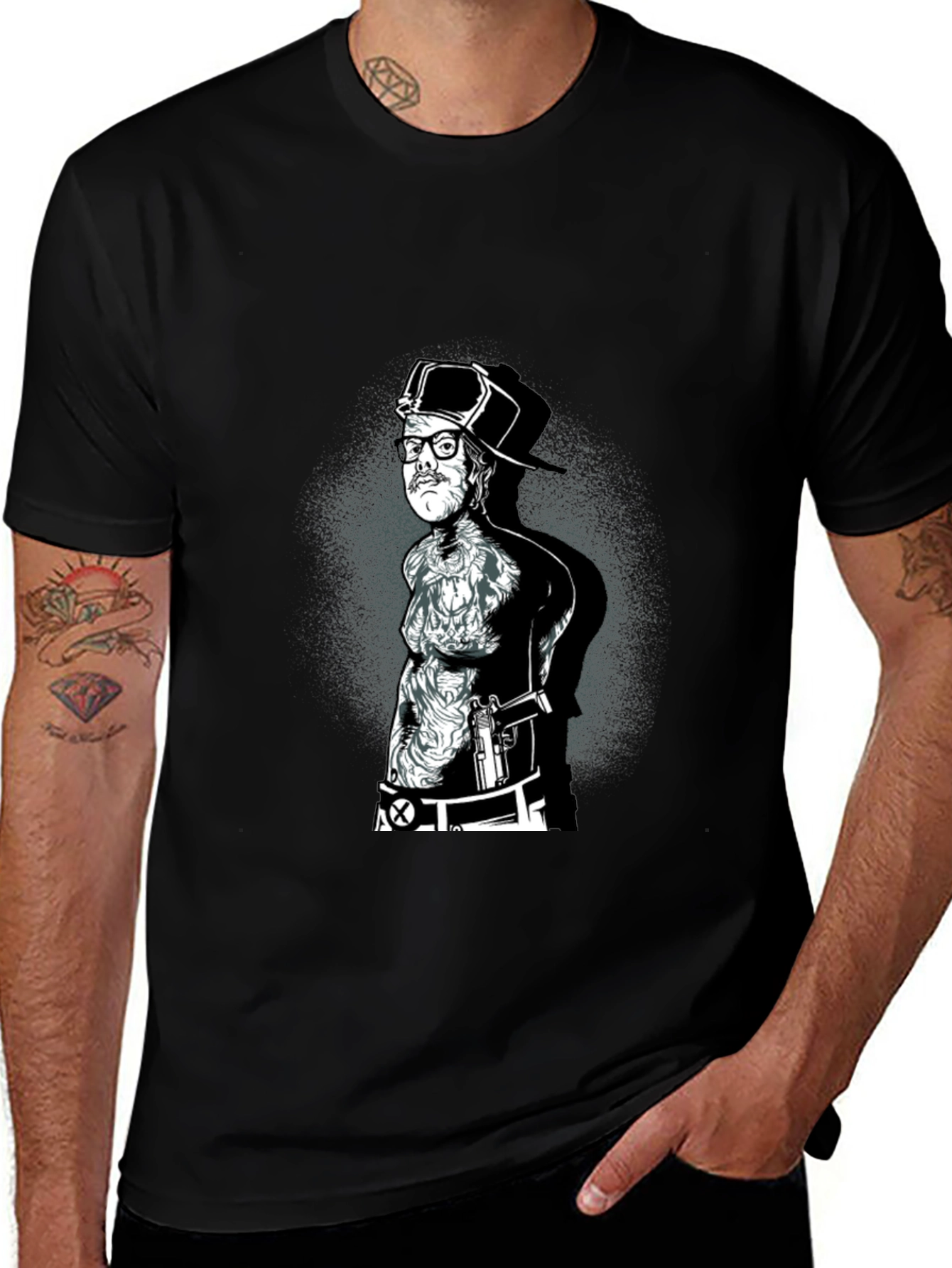 Variant 3 of Black Graphic Tee - Tattooed Man with Gun