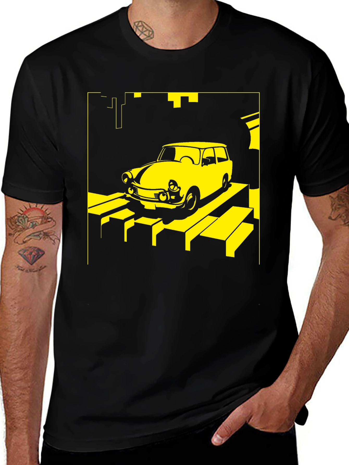 Retro Car T-Shirt - Yellow on Black