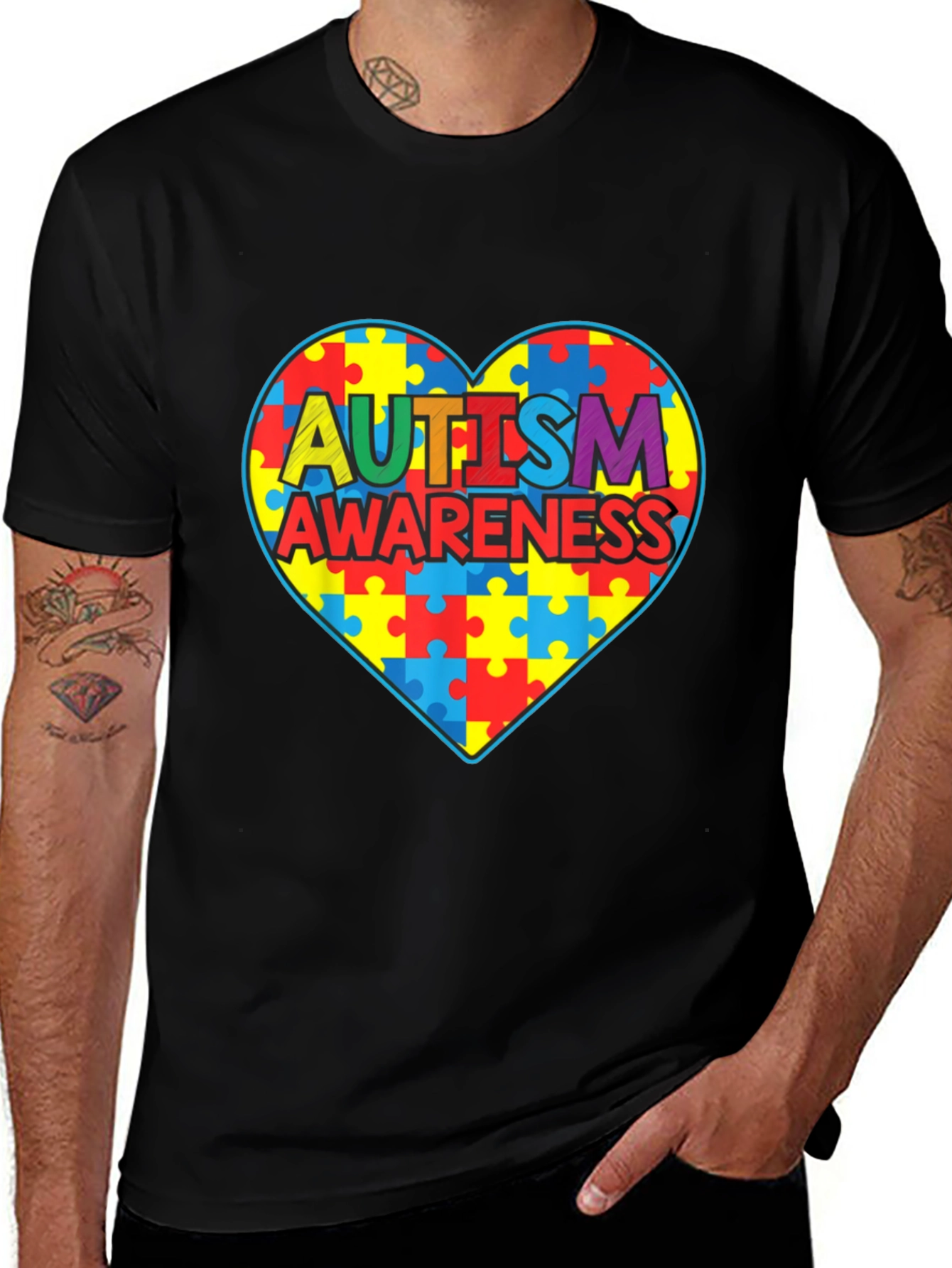Autism Awareness Heart Puzzle T-Shirt - Black
