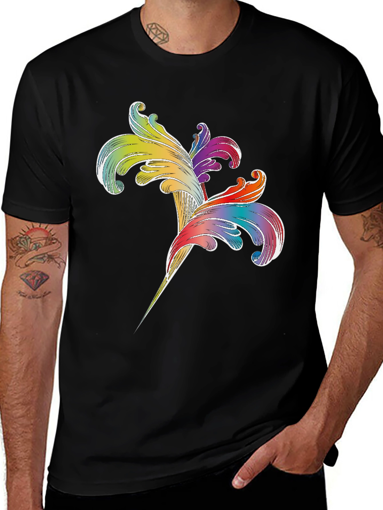Variant 2 of Rainbow Floral Design Black T-Shirt