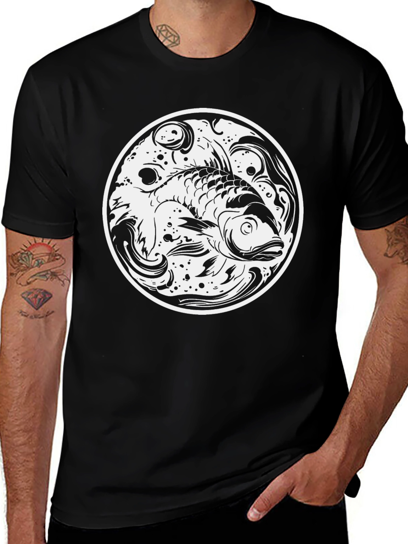 Variant 11 of Koi Fish Circle Graphic Tee - Black Cotton Comfort