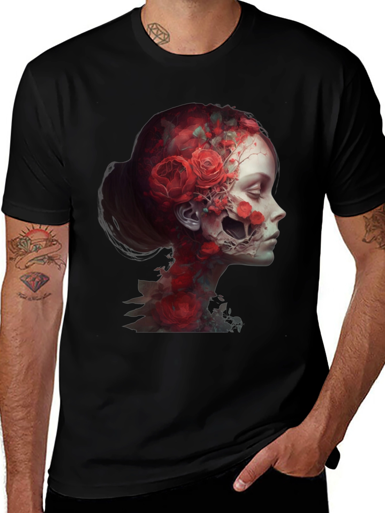 Variant 7 of Floral Skull Graphic Print Black T-Shirt