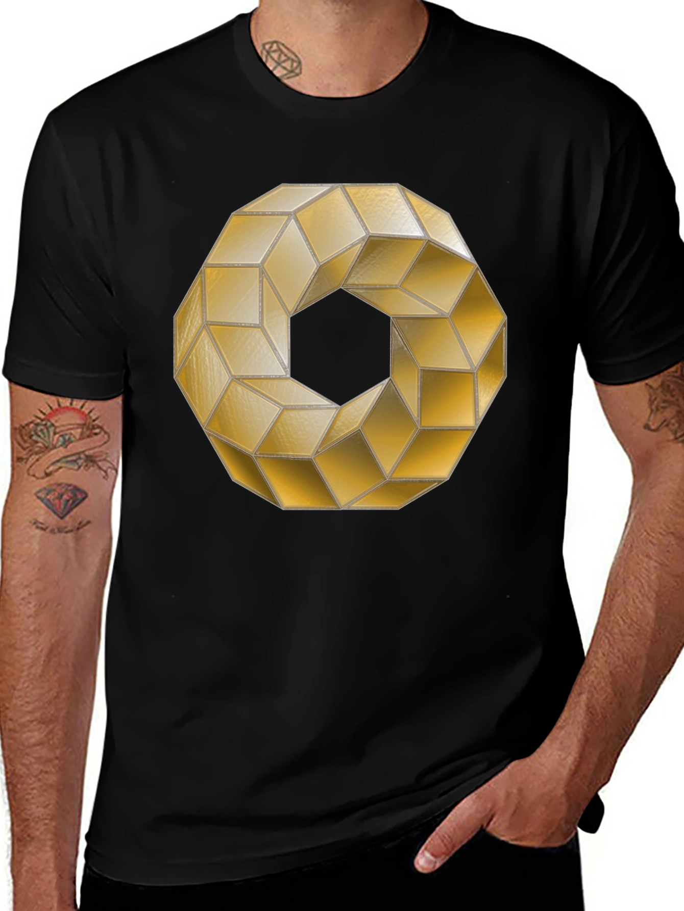 Variant 16 of Geometric Gold Cube Ring Design Black T-Shirt