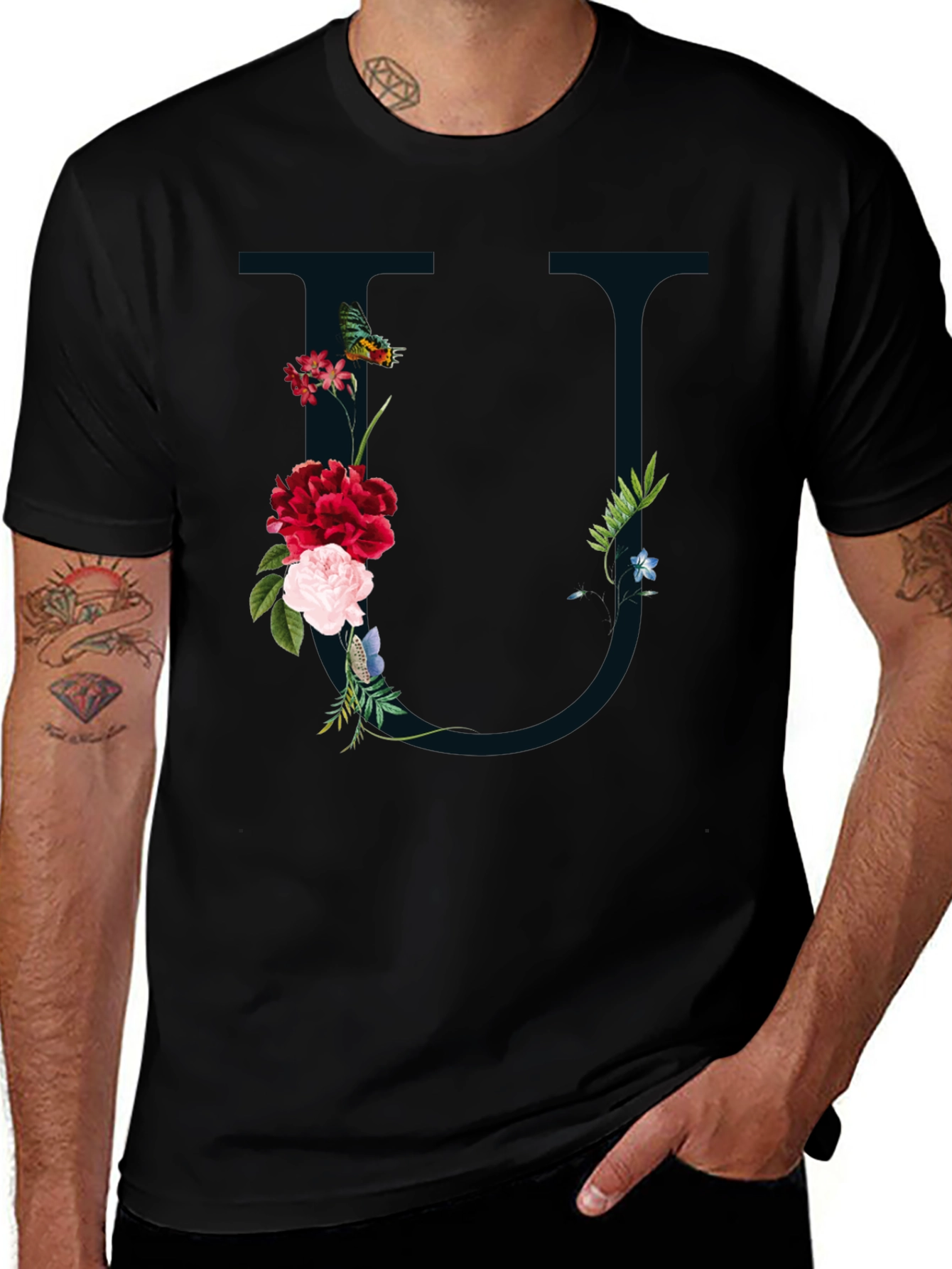 Variant 12 of Floral Letter "U" Black T-Shirt