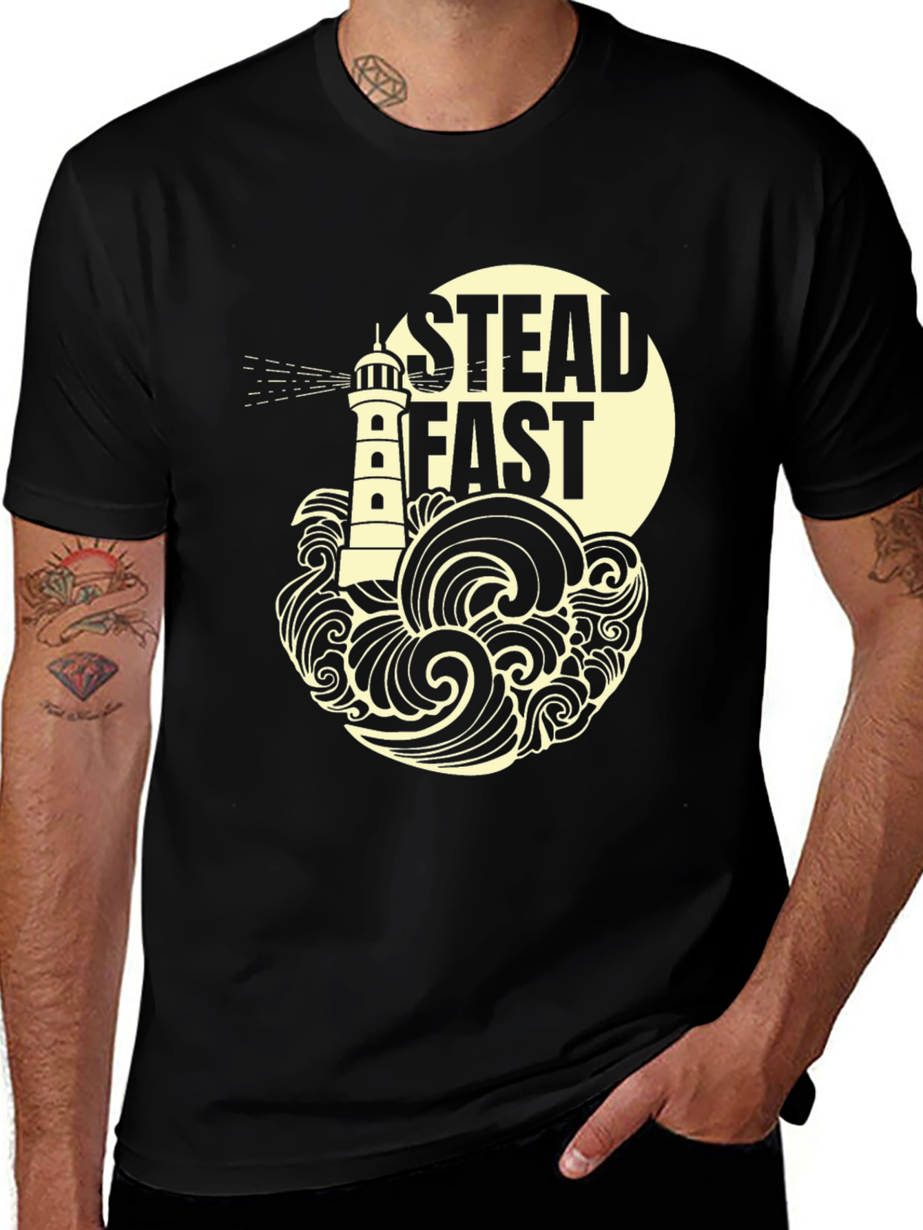 Variant 27 of Steadfast Lighthouse Graphic Tee - Black Cotton T-Shirt