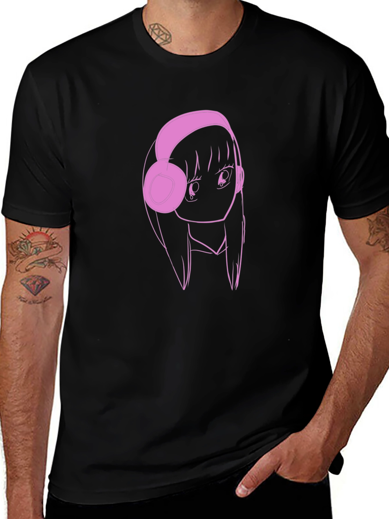 Variant 11 of Anime Girl Pink Headphones Black T-Shirt
