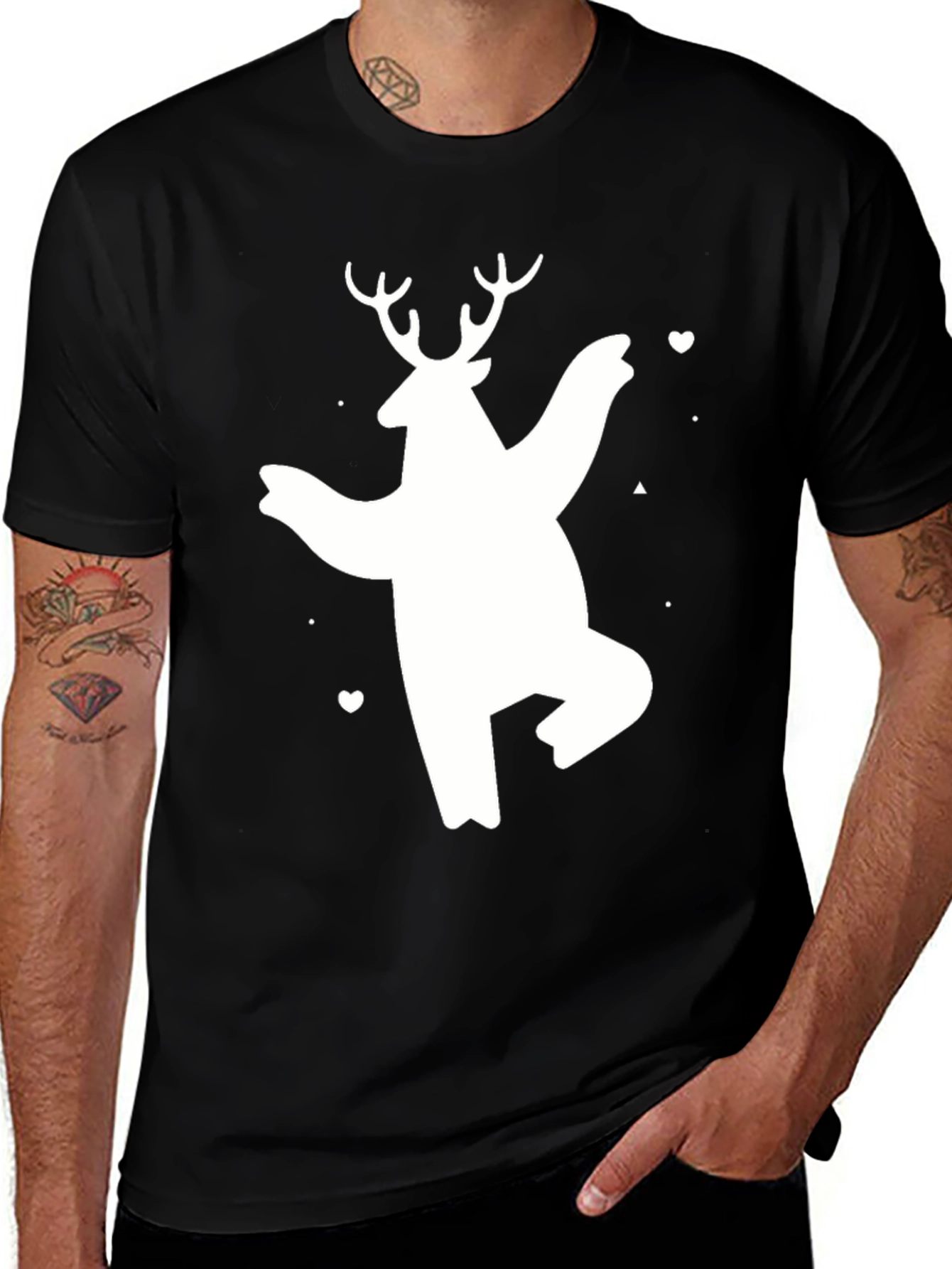 Black Bear Deer Graphic Tee - Black Cotton Casual T-Shirt main image