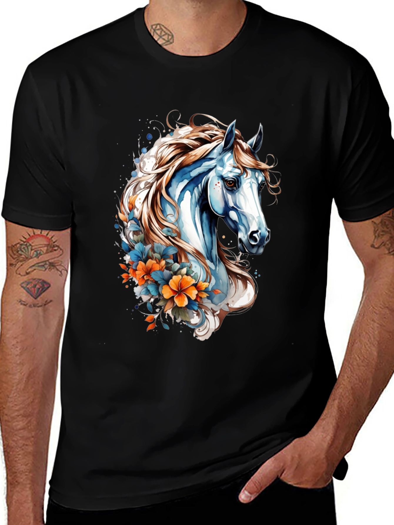 Variant 17 of Floral Horse Graphic Tee - Men's Black T-Shirt