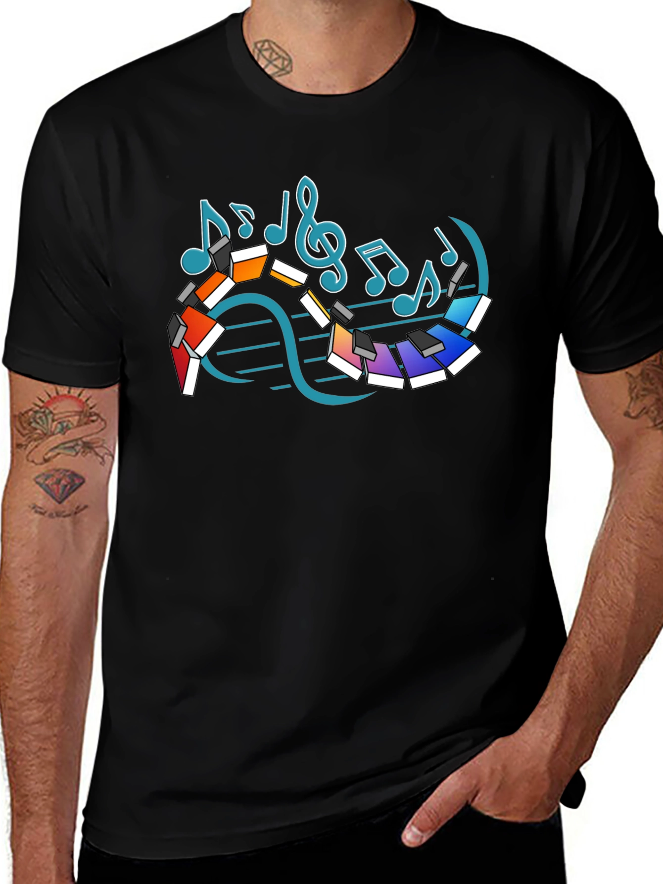 Variant 30 of Musical Notes Piano Graphic Print Black T-Shirt
