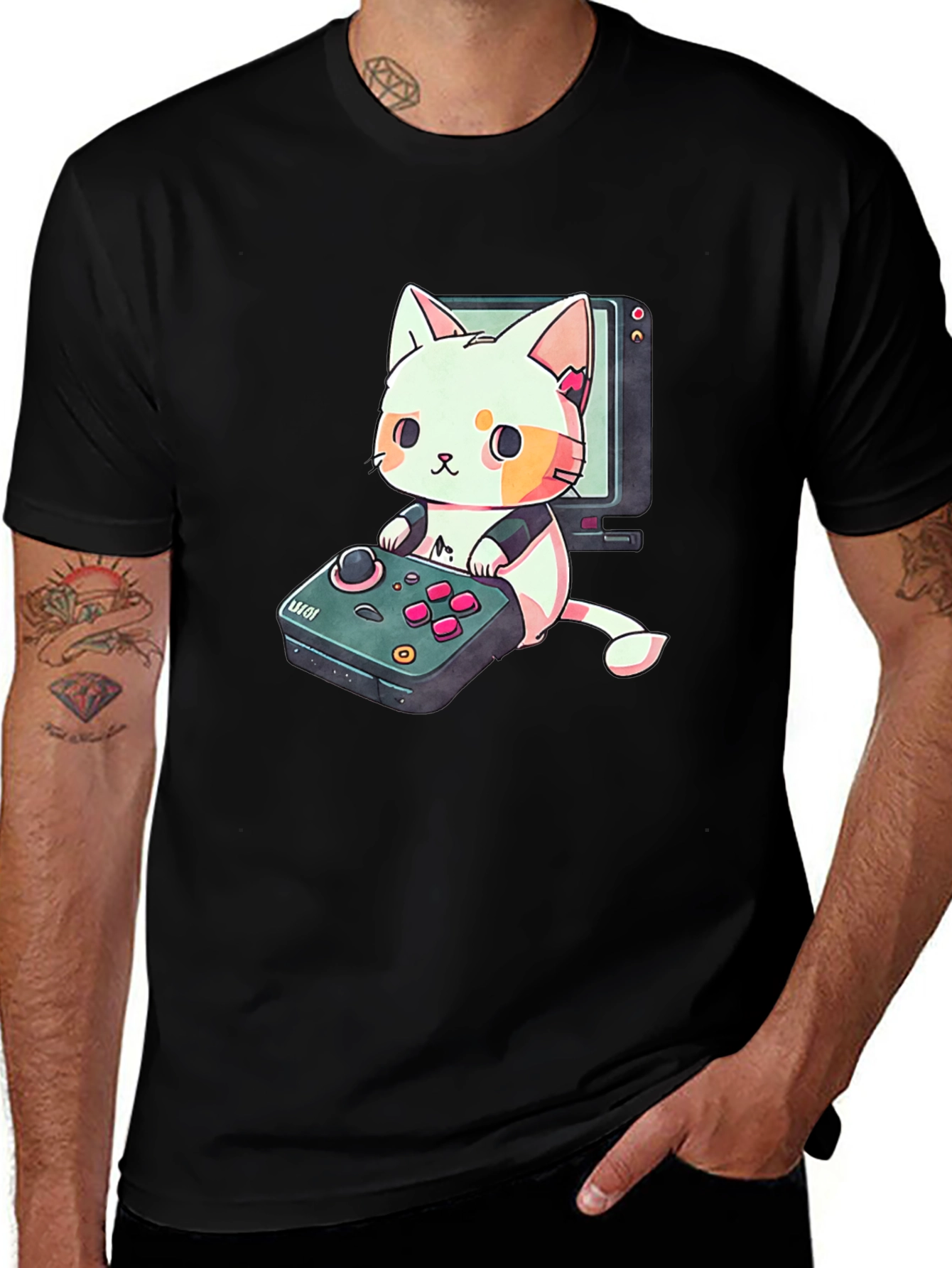 Variant 29 of Gamer Cat Graphic T-Shirt - Black Cotton Tee