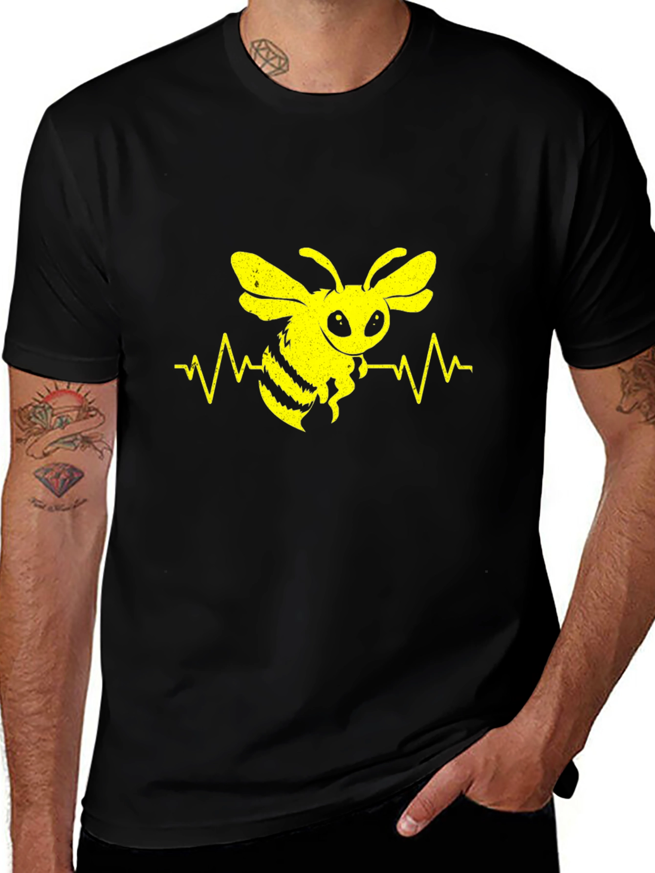 Variant 30 of Bee Heartbeat Graphic Tee - Black Cotton T-Shirt