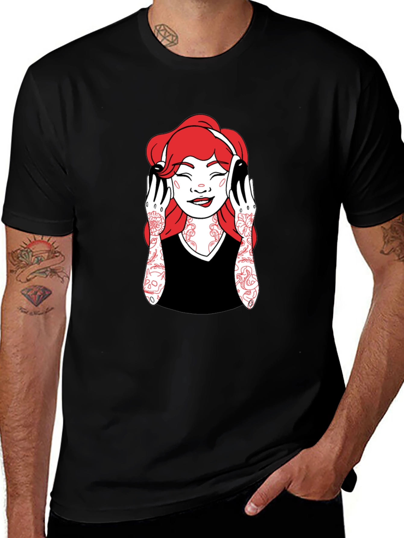Variant 25 of Graphic Tee - Woman with Headphones - Black