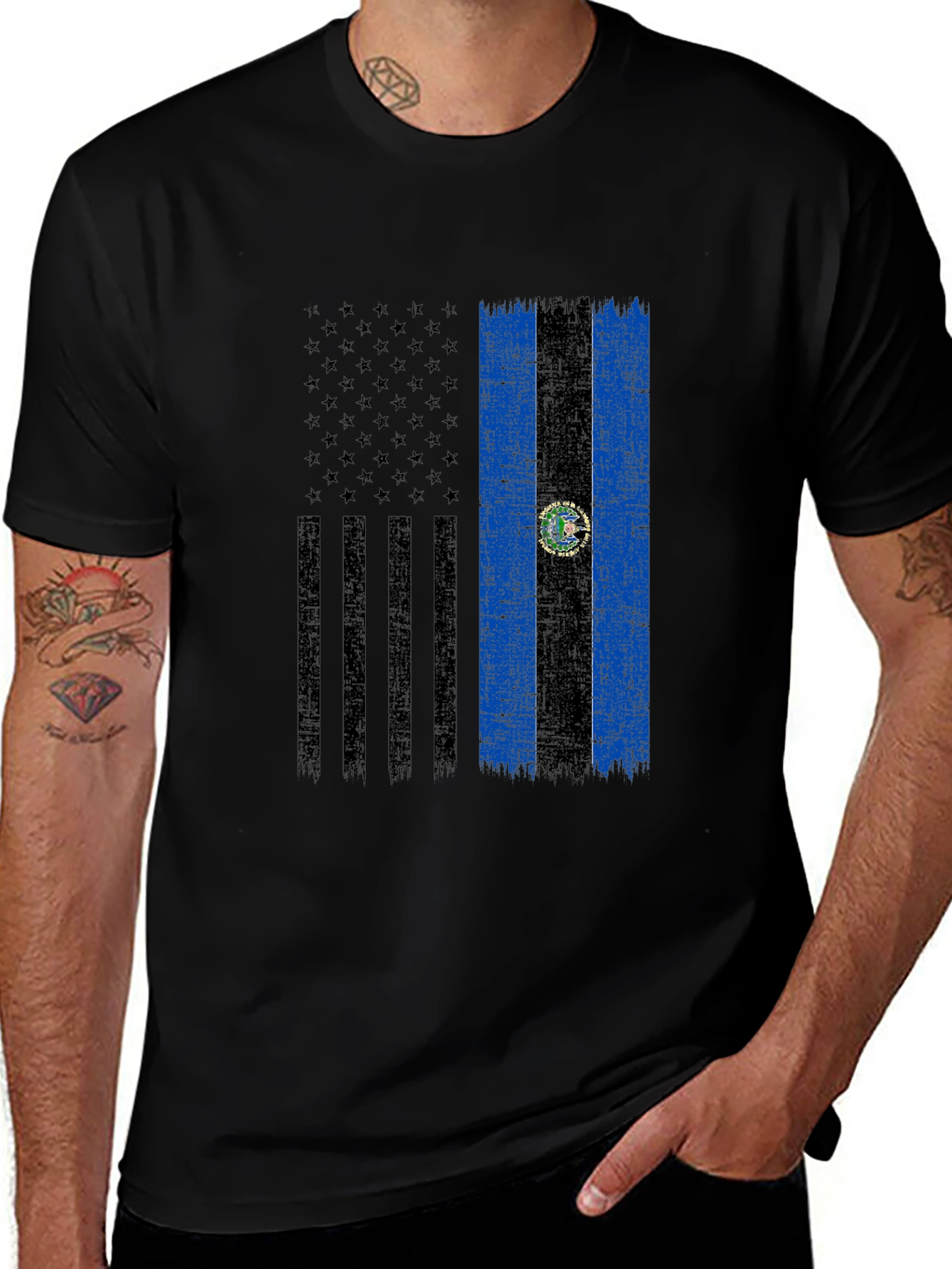 El Salvador USA Flag Graphic Tee - Black