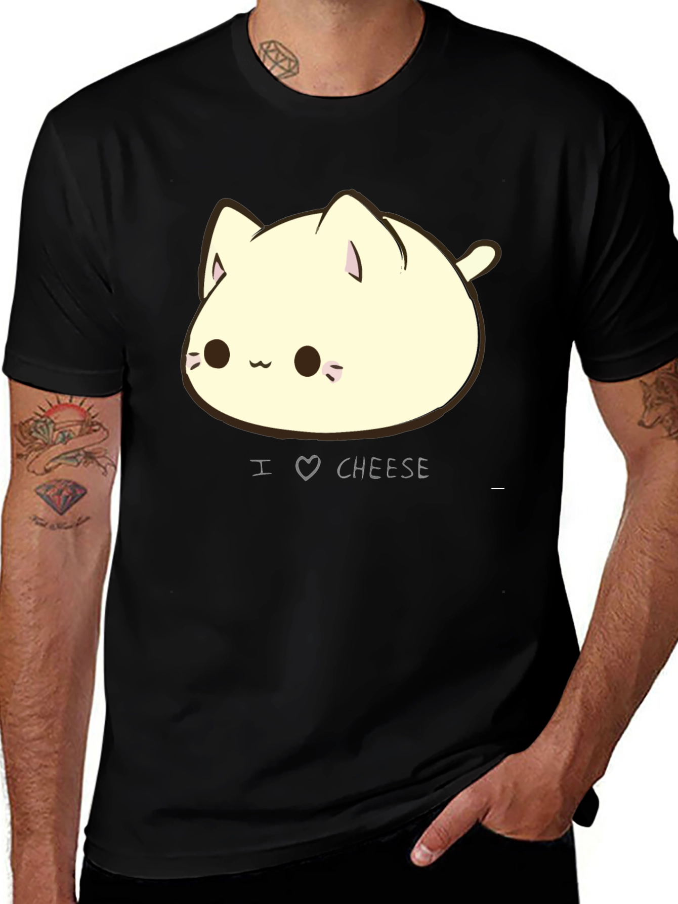 I Love Cheese Cute Cat T-Shirt - Black