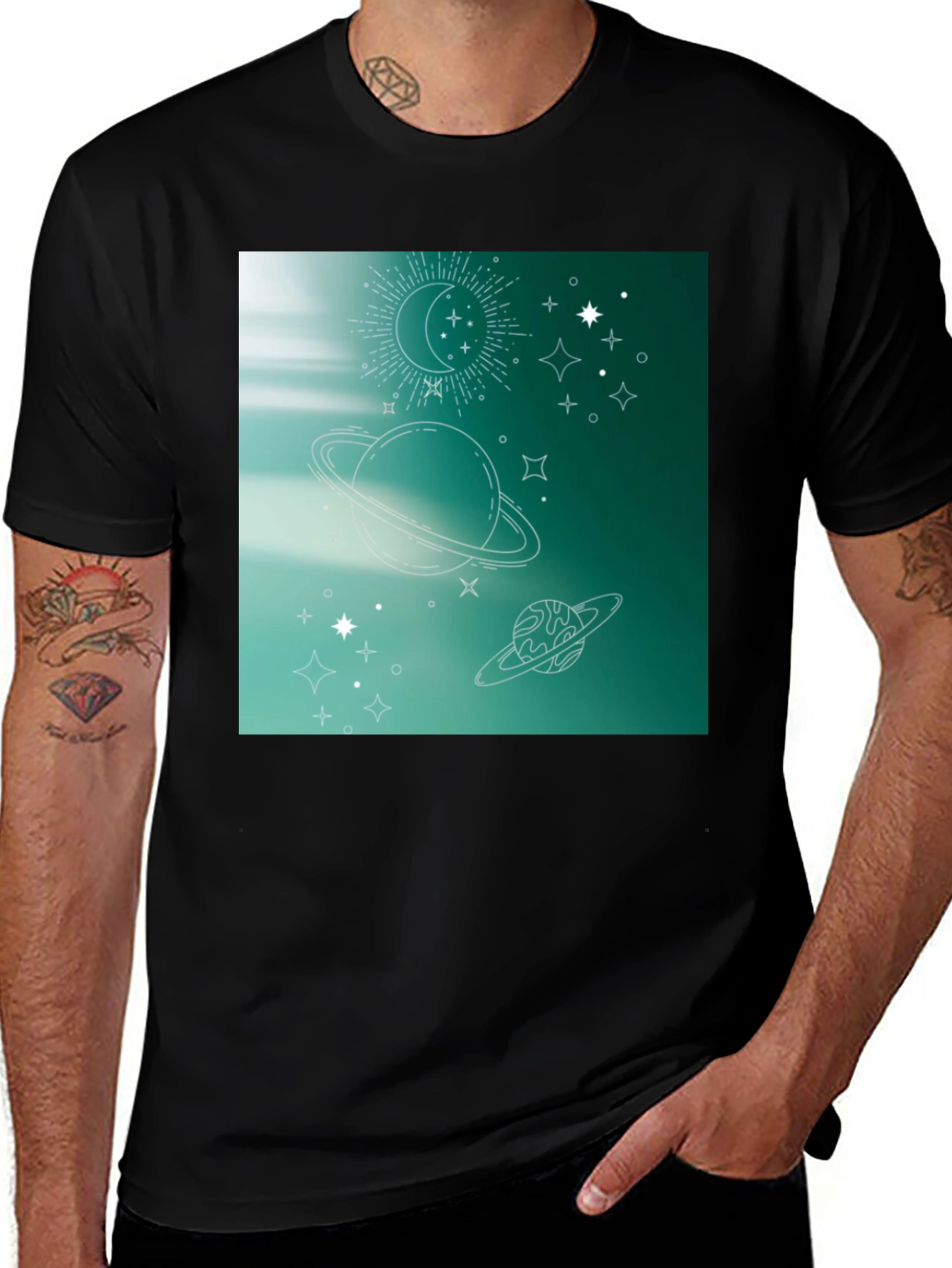 Variant 21 of Celestial Print T-Shirt - Black, Trendy Space Design