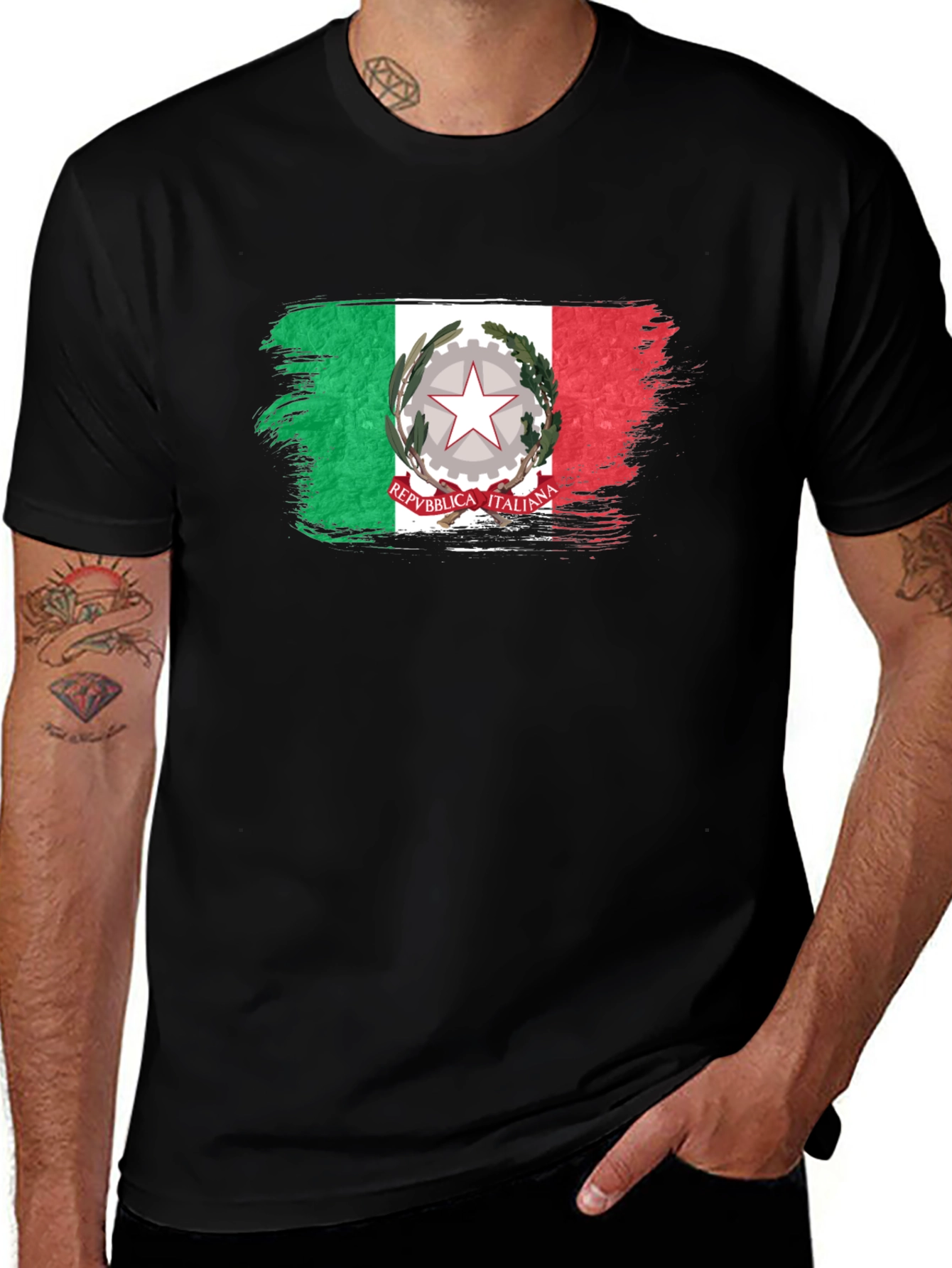 Italian Flag Brushstroke Black T-Shirt