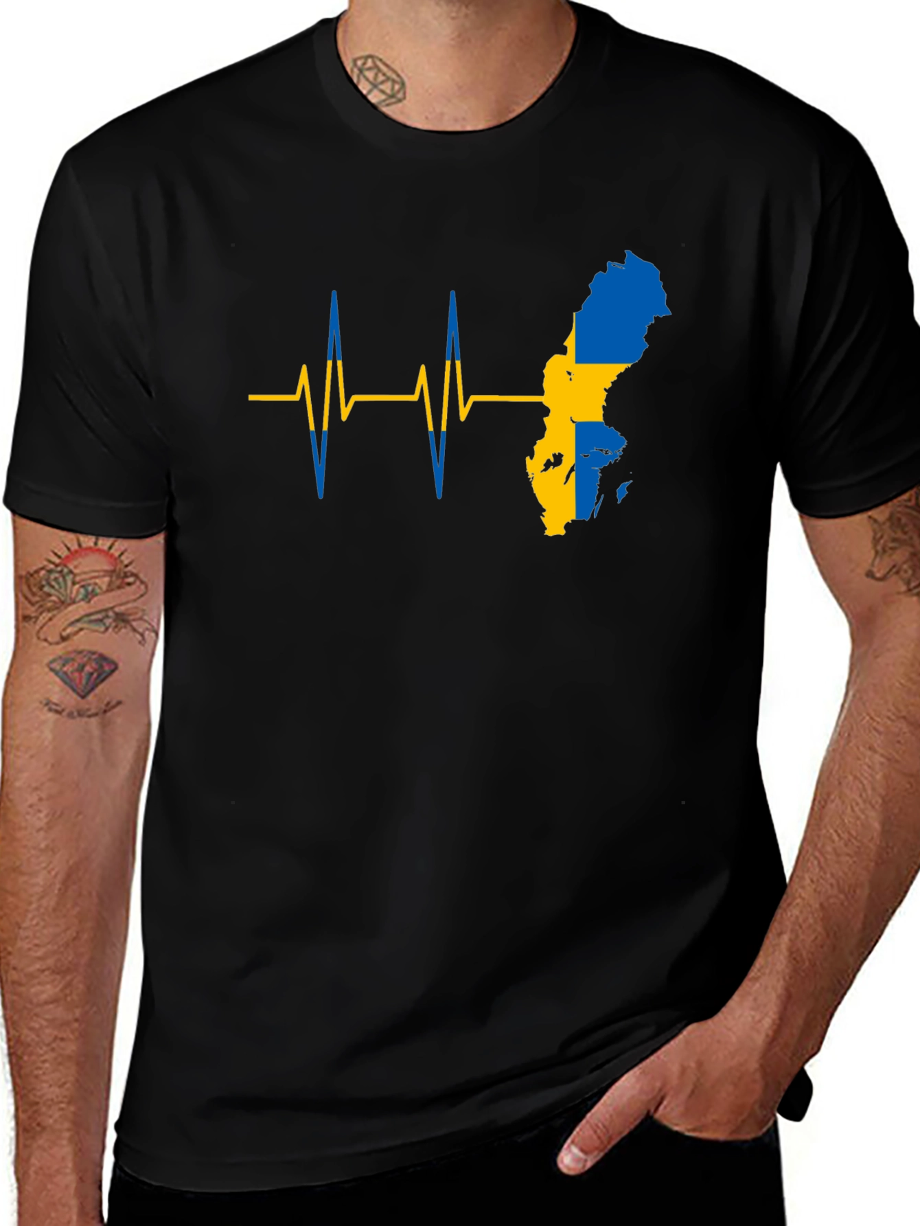 Sweden Flag Heartbeat T-Shirt - Black