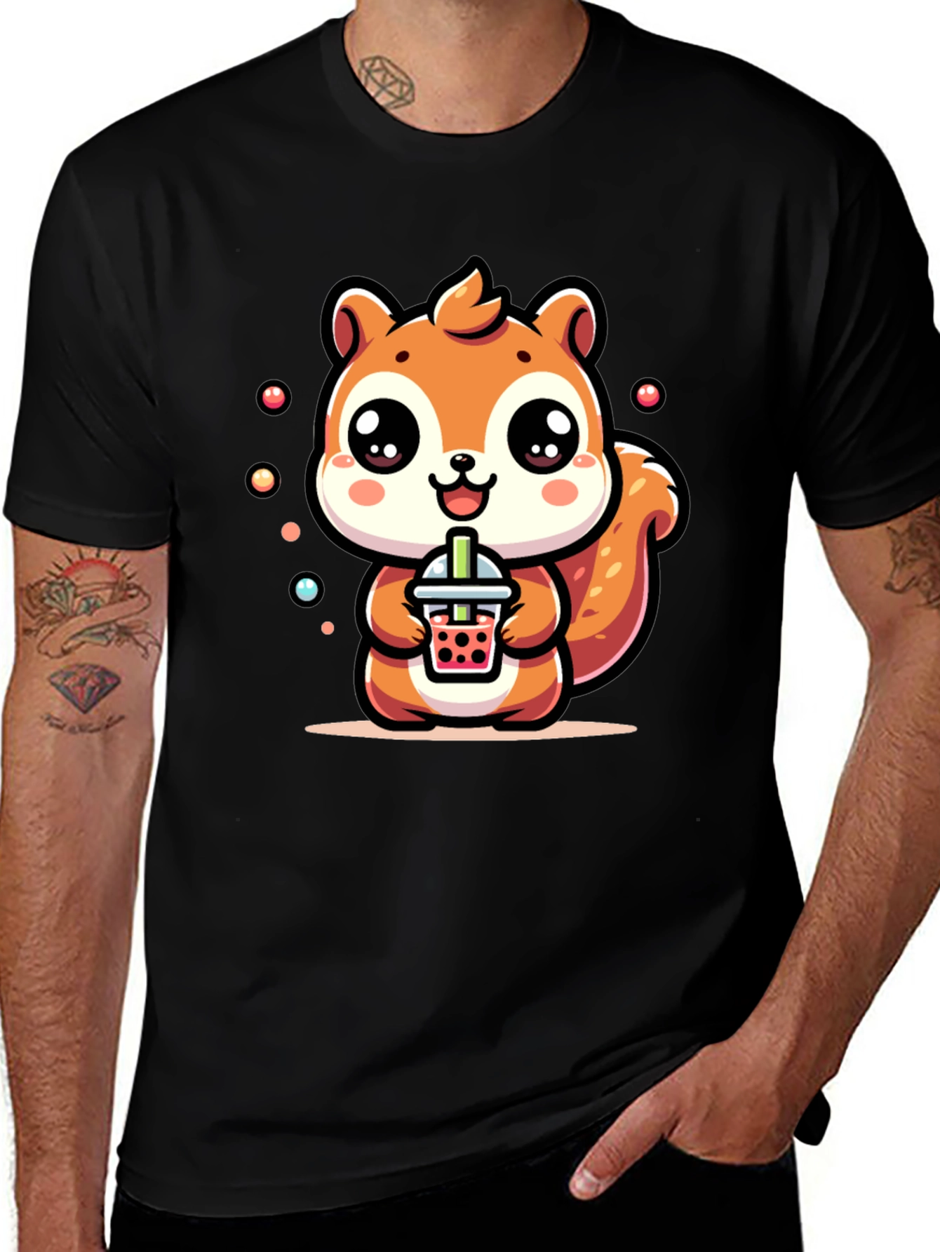 Black Cute Squirrel Boba Tea Graphic T-Shirt main image