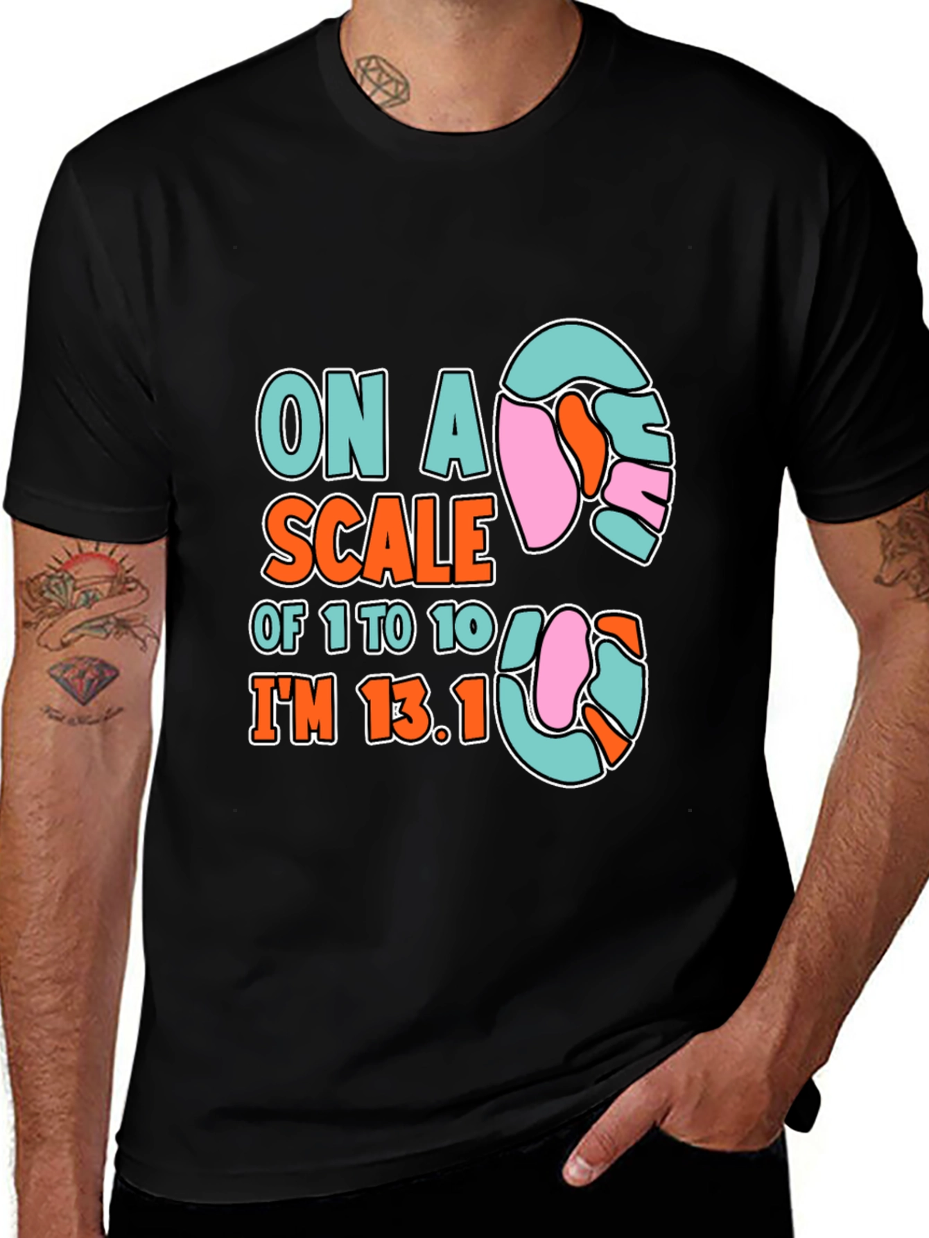 Black Marathon Humor T-Shirt: On a Scale of 1 to 10, I'm 13.1 main image