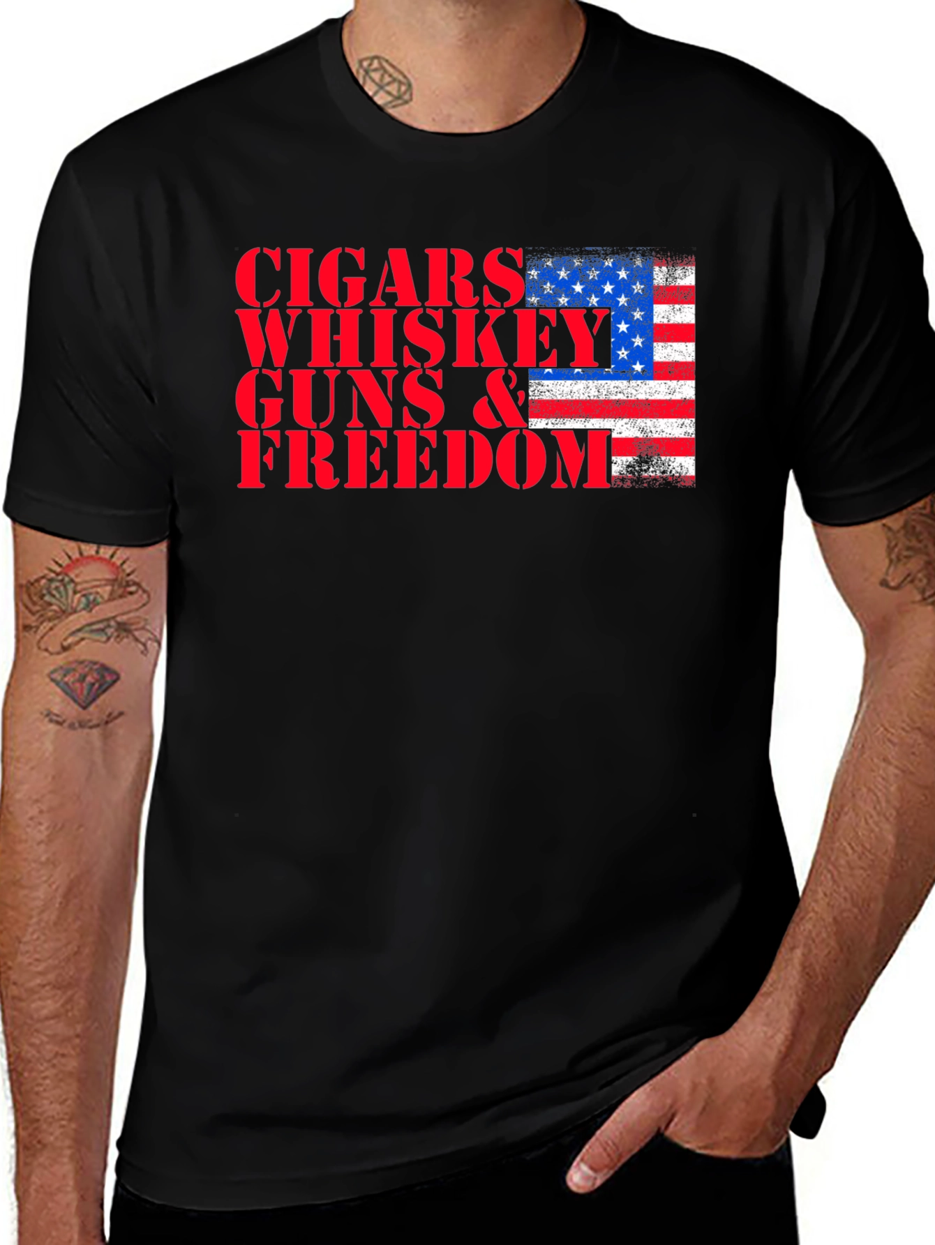 Variant 29 of Cigars Whiskey Guns & Freedom American Flag T-Shirt