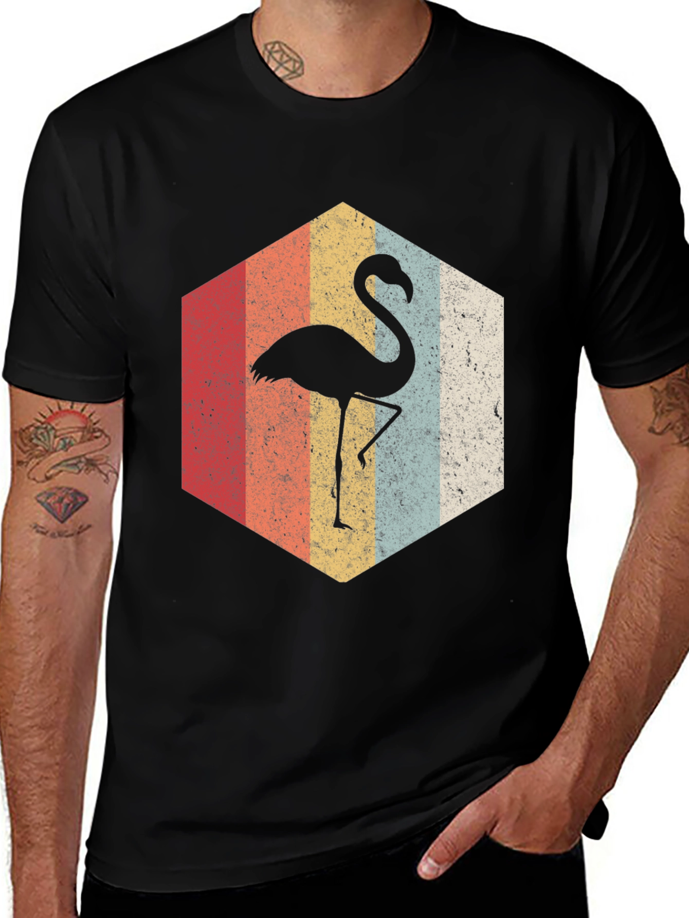 Black Retro Flamingo Hexagon Graphic Tee main image