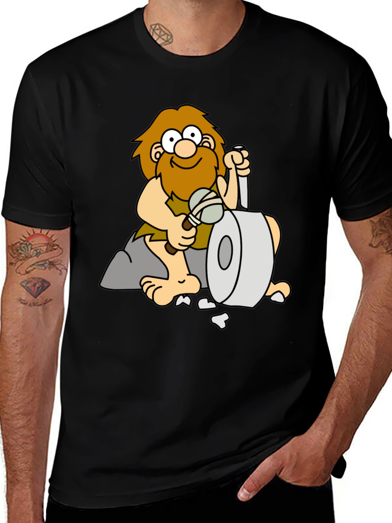 Variant 23 of Cartoon Caveman on Black T-Shirt