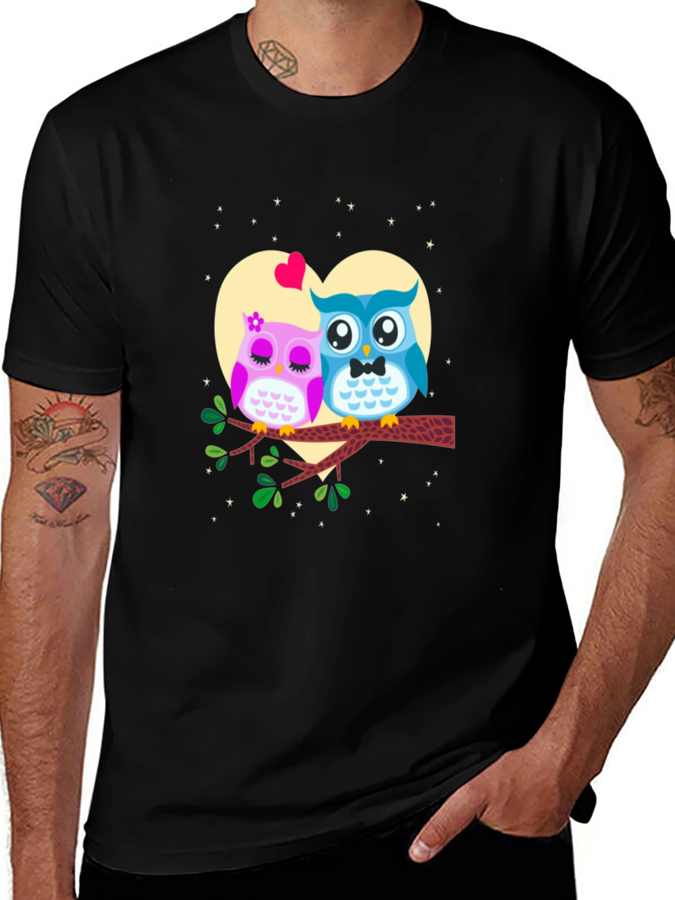Variant 21 of Owl Couple T-Shirt - Heart & Stars Graphic Print