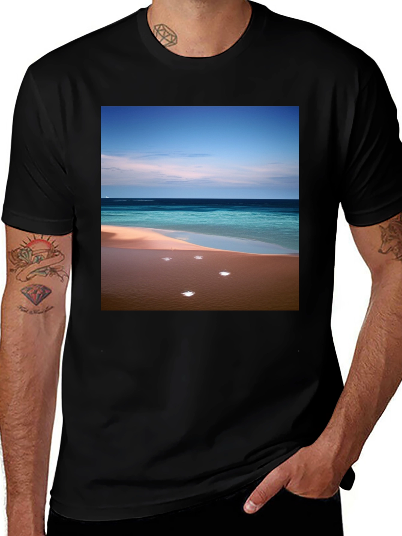 Variant 14 of Beach Scene Graphic Tee - Black Cotton T-Shirt