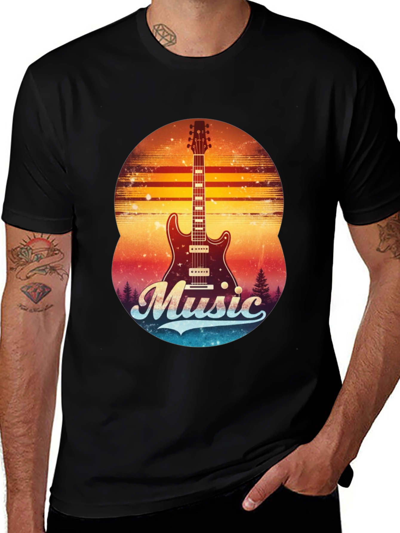 Black Retro Guitar Music T-Shirt main image