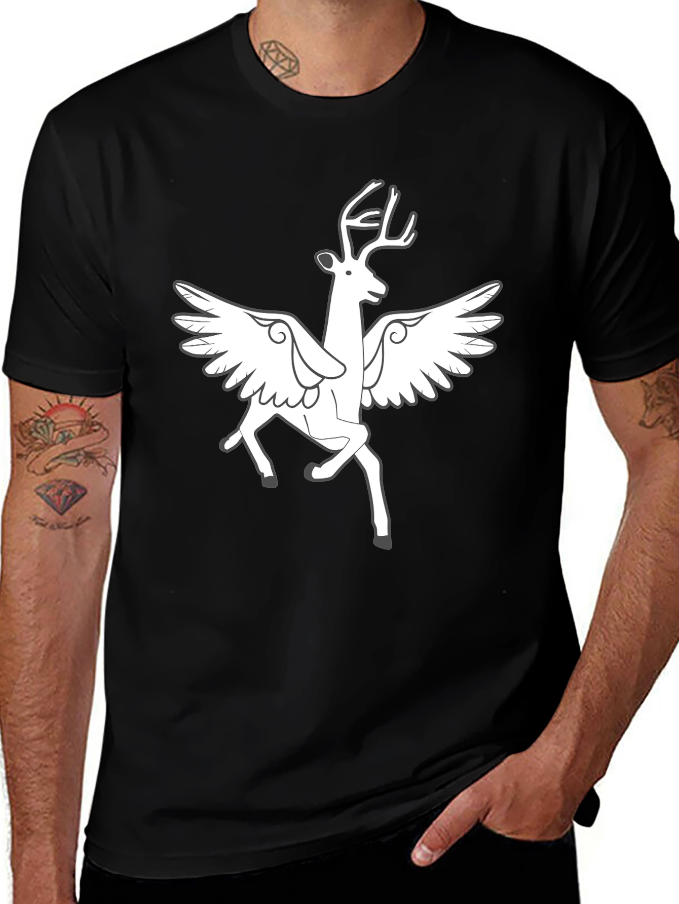 Variant 26 of Winged Deer Graphic Tee - Black Cotton Blend