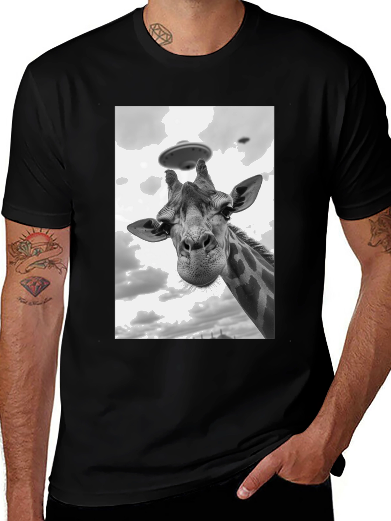 Variant 21 of Giraffe Abduction T-Shirt: Quirky UFO Tee