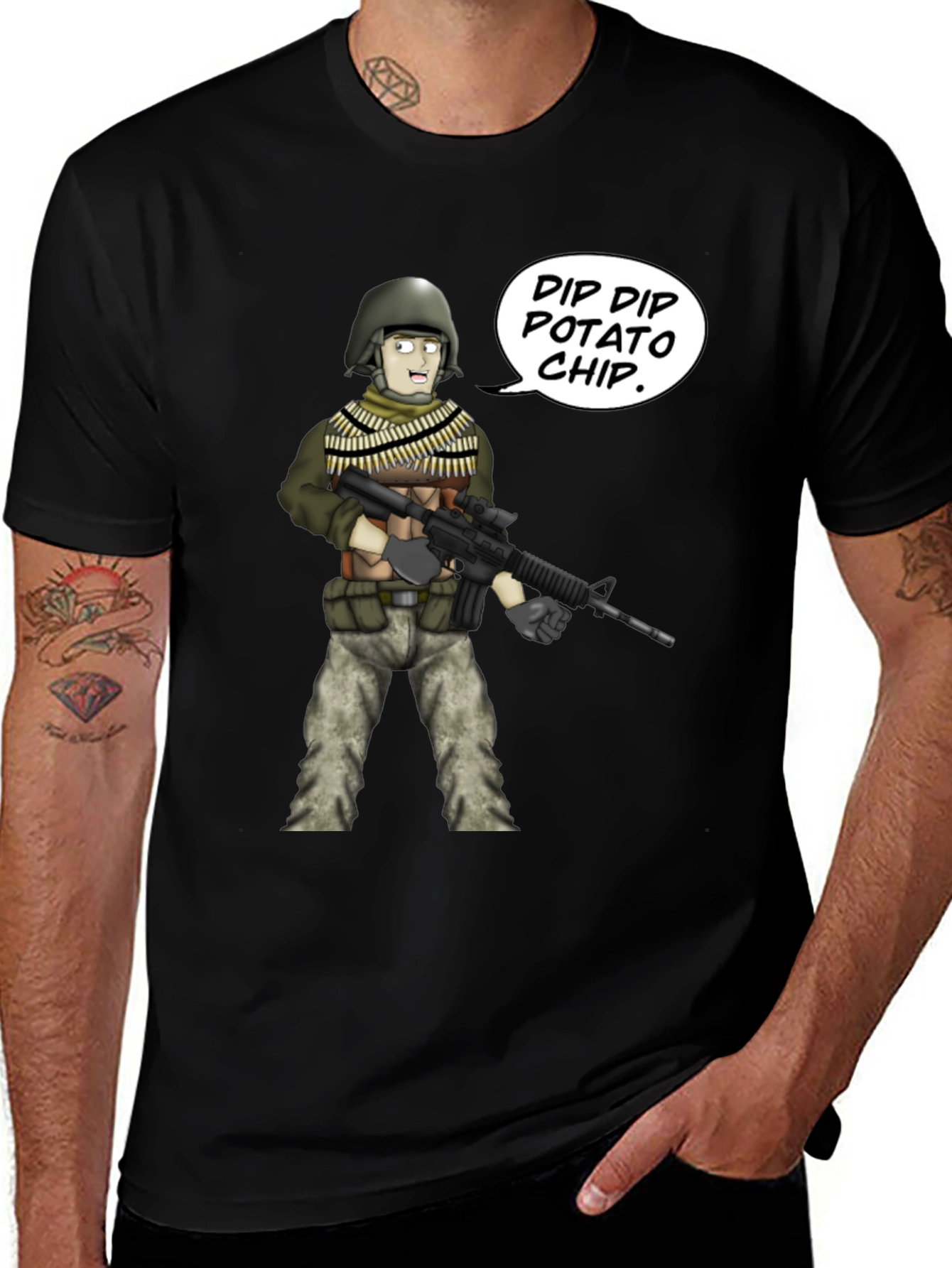 Funny Cartoon Soldier "Dip Dip Potato Chip" Black T-Shirt