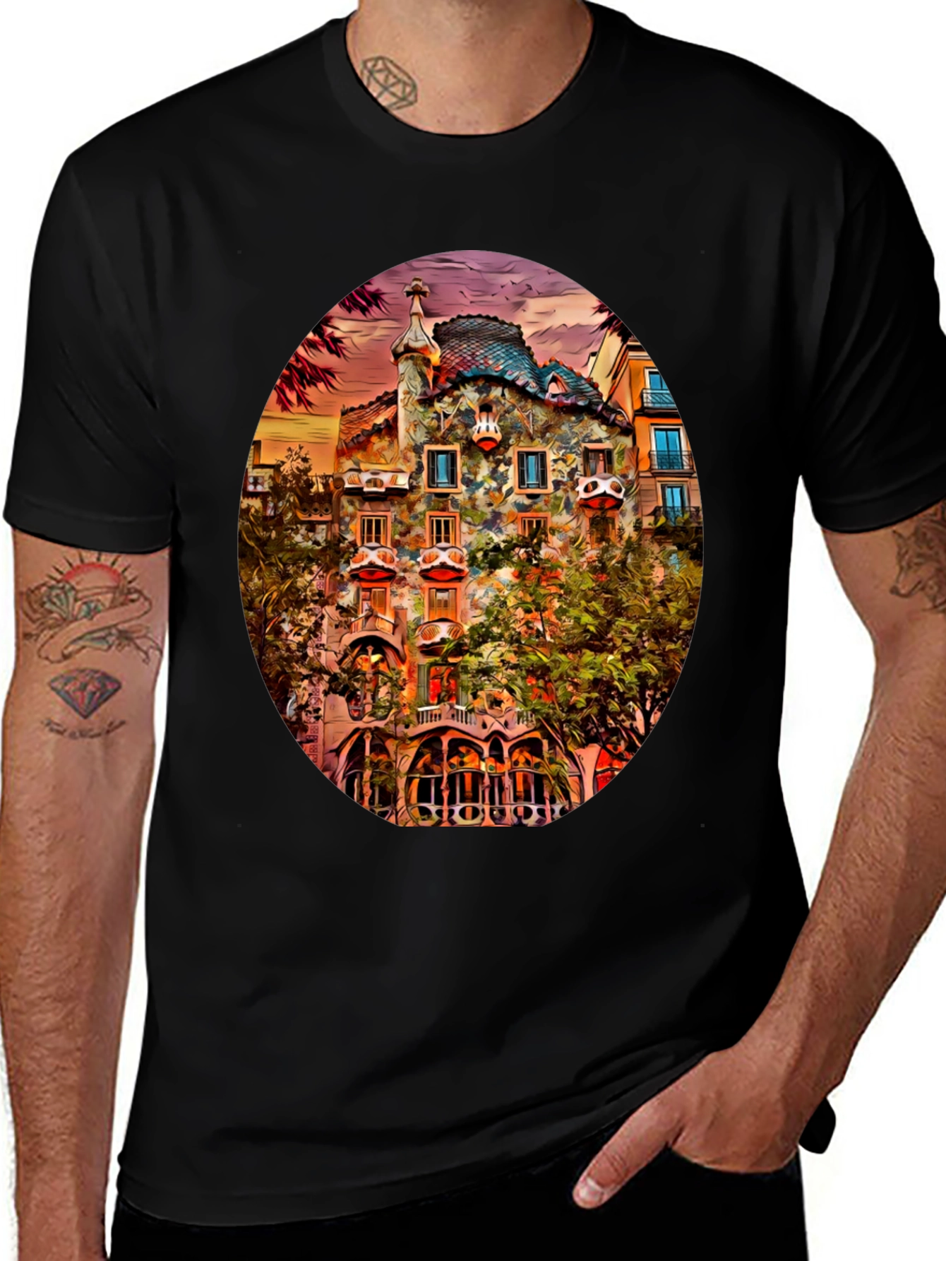 Gaudi Building Art Print Black T-Shirt