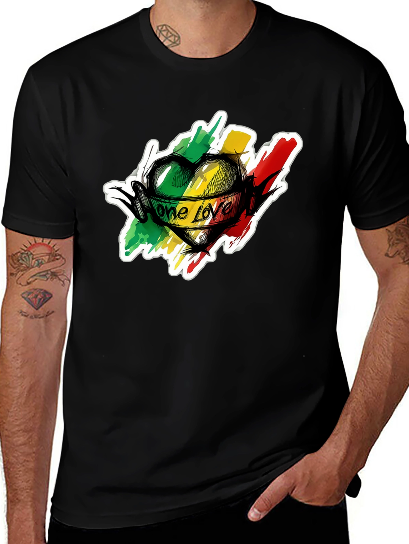 Variant 9 of One Love Reggae Heart T-Shirt - Black Cotton Tee