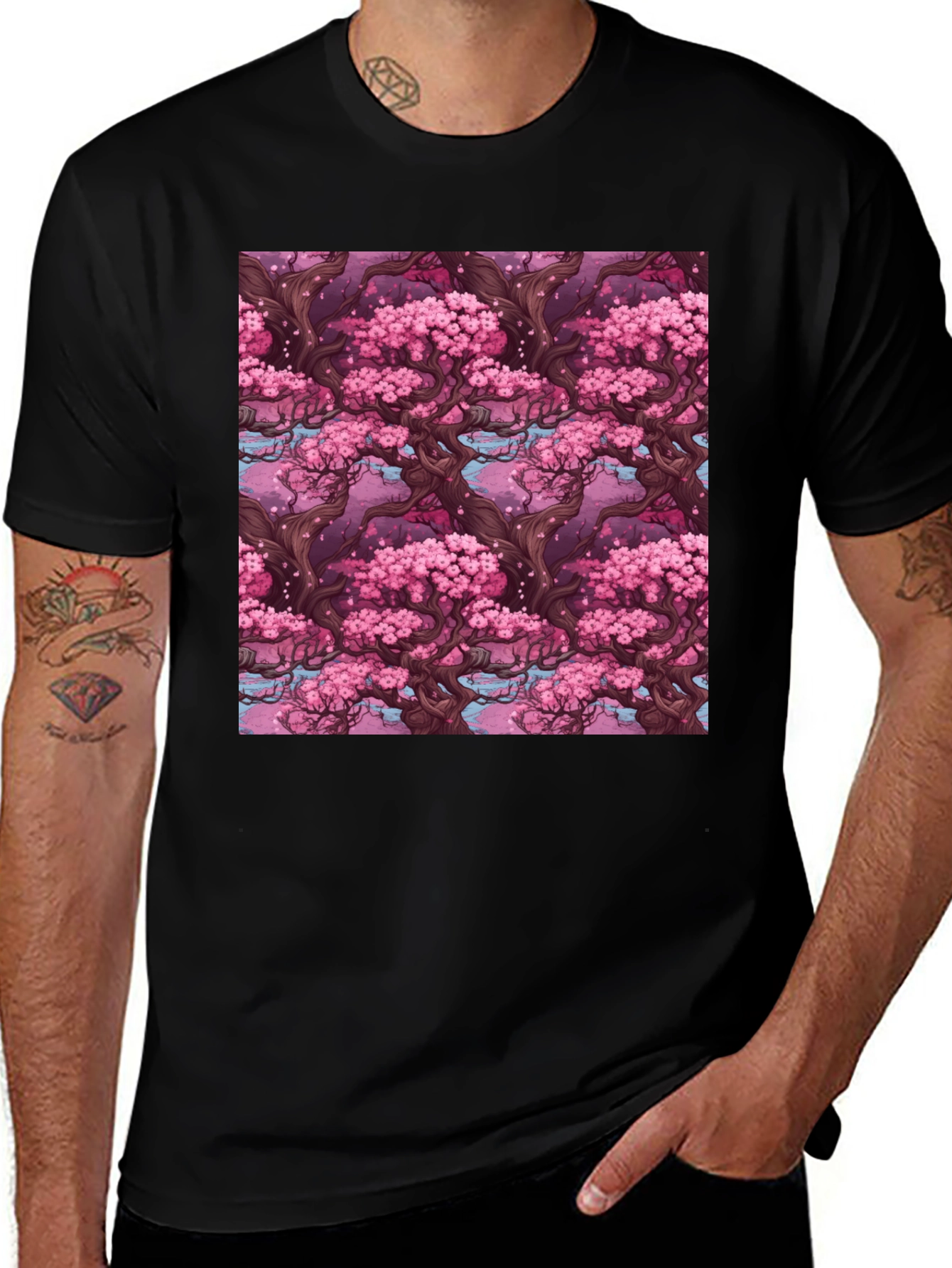 Sakura Tree Pattern Black T-Shirt