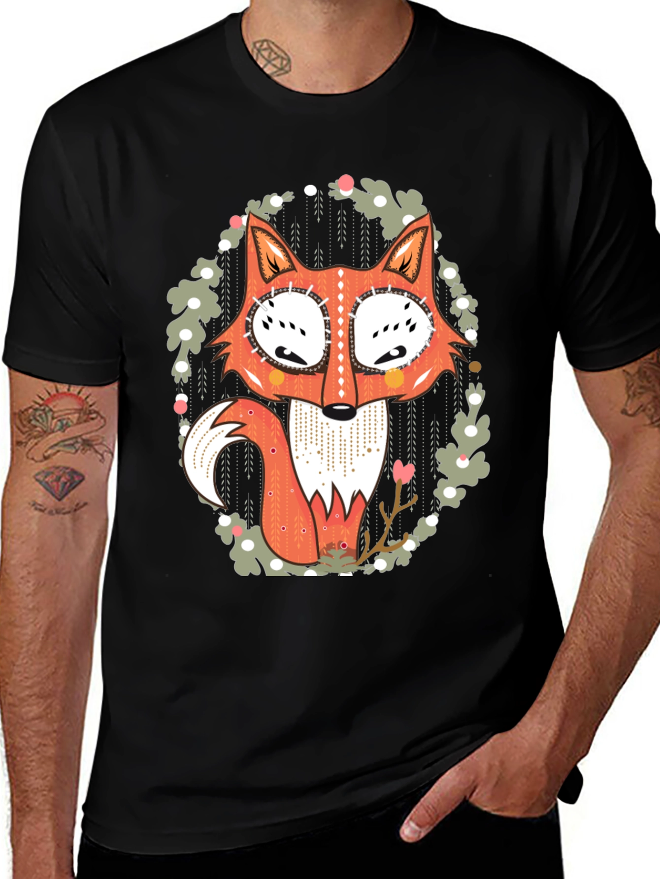Variant 17 of Whimsical Fox Graphic Tee - Men's Black T-Shirt