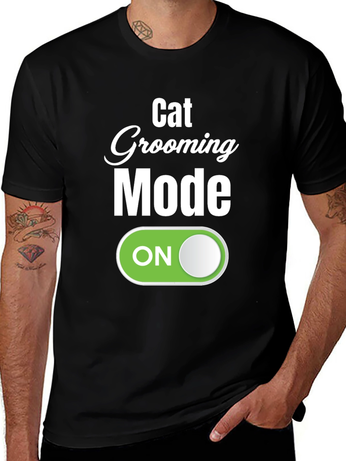 Variant 7 of Cat Grooming Mode On Black T-Shirt