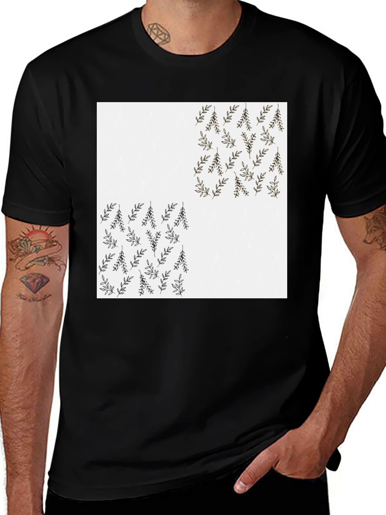 Variant 15 of Leaf Pattern Graphic Black T-Shirt