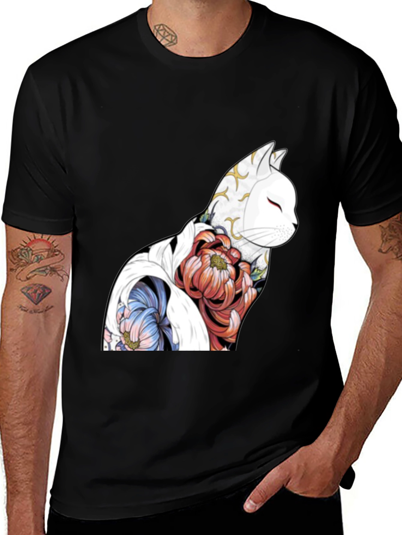 Variant 20 of Floral Cat Graphic Black T-Shirt