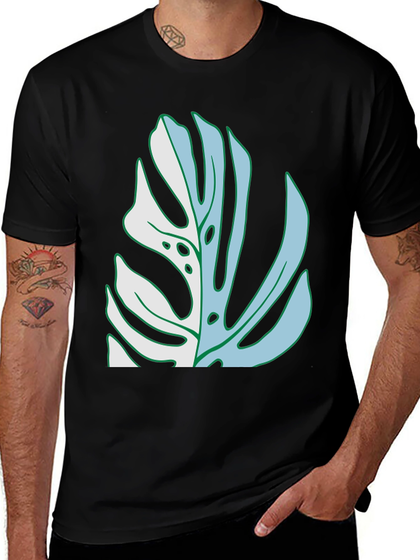 Variant 30 of Monstera Leaf Graphic Tee - Black Cotton Casual Shirt